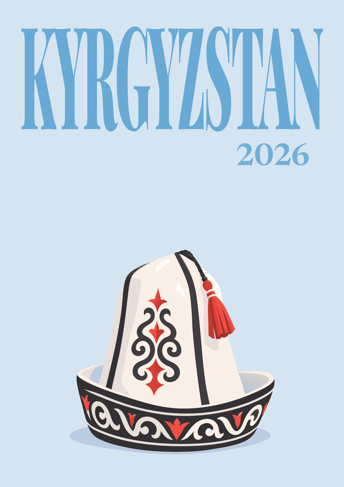 Kyrgyzstan illustrated travel photo book cover with the ak kalpak hat artwork
