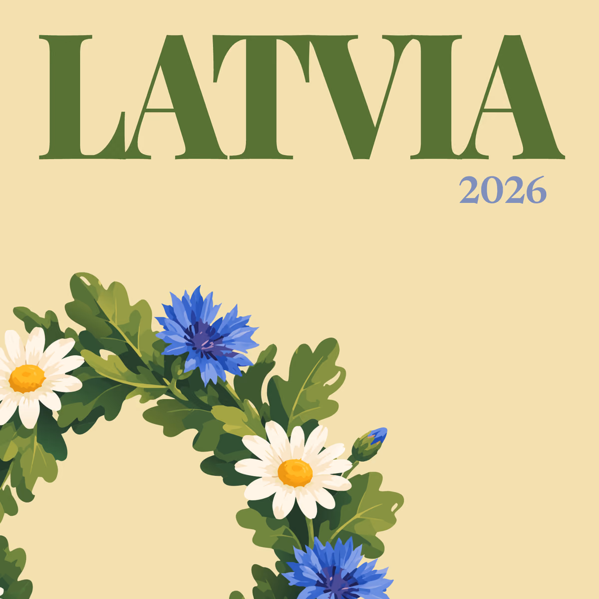 Latvia illustrated square photo book cover with the midsummer wreath artwork
