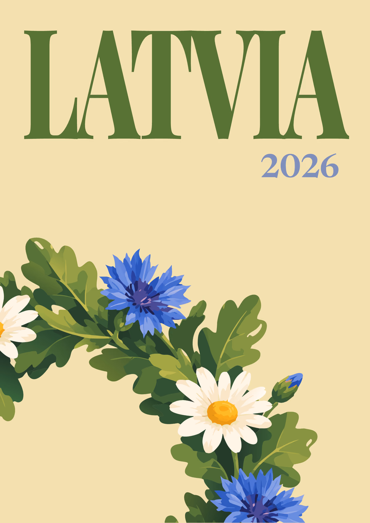 Latvia illustrated travel photo book cover with the midsummer wreath artwork