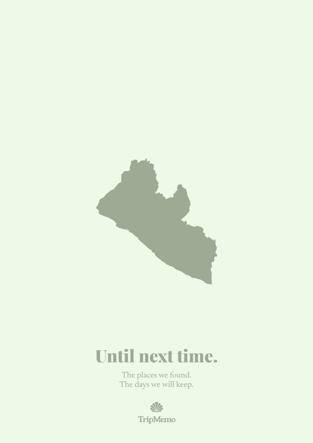 Back of the Liberia photo book: an outline of Liberia above the words "Until next time." and the TripMemo mark