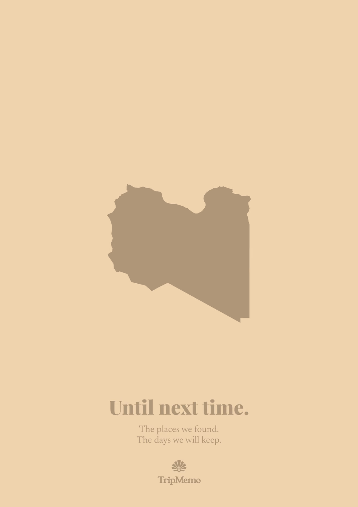 Back of the Libya photo book: an outline of Libya above the words "Until next time." and the TripMemo mark