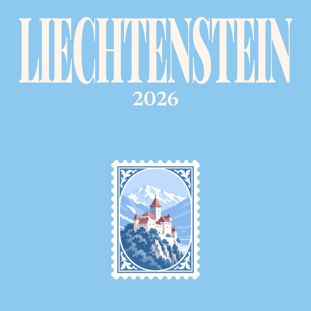 Liechtenstein illustrated square photo book cover with the postage stamp artwork