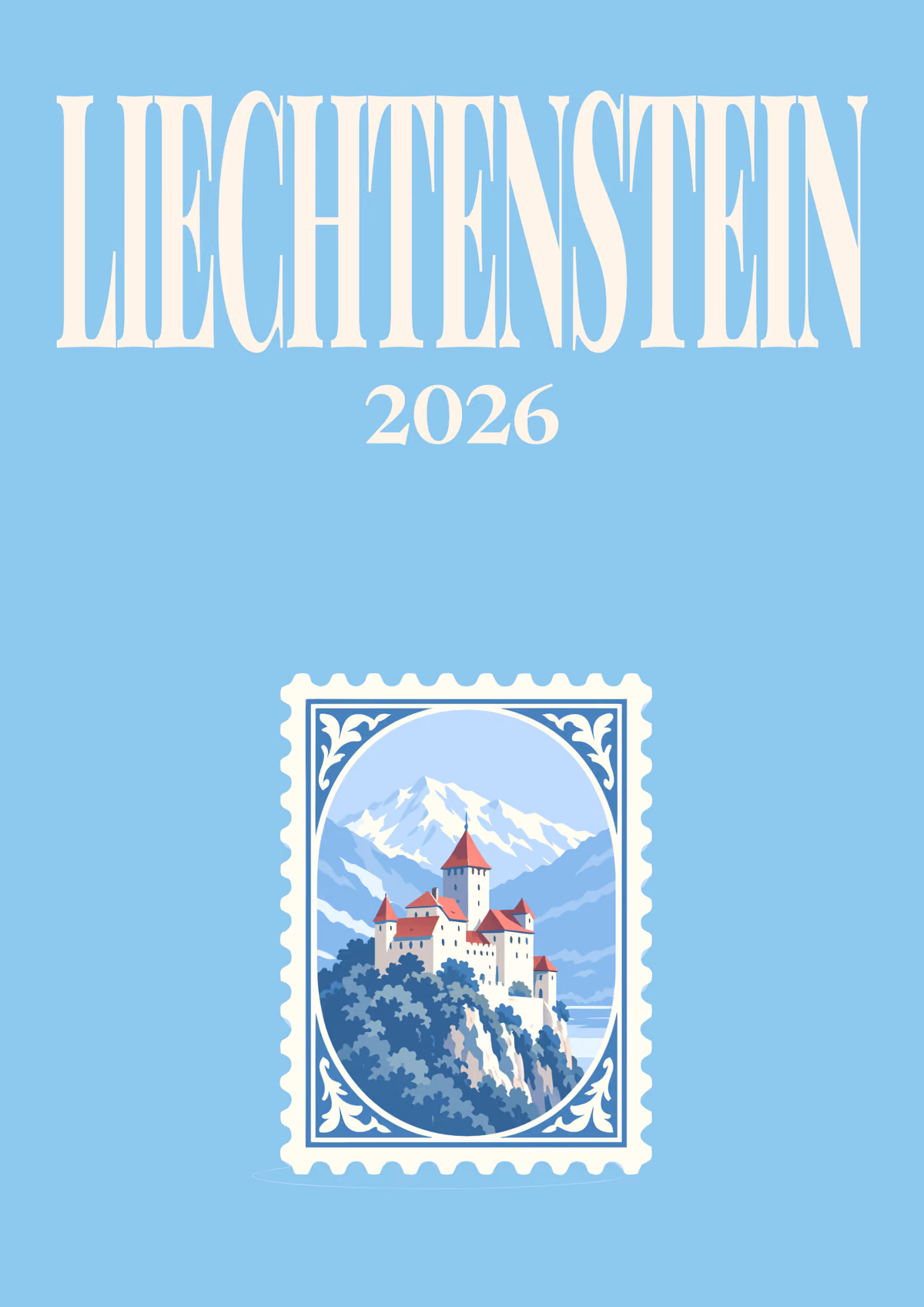 Liechtenstein illustrated travel photo book cover with the postage stamp artwork