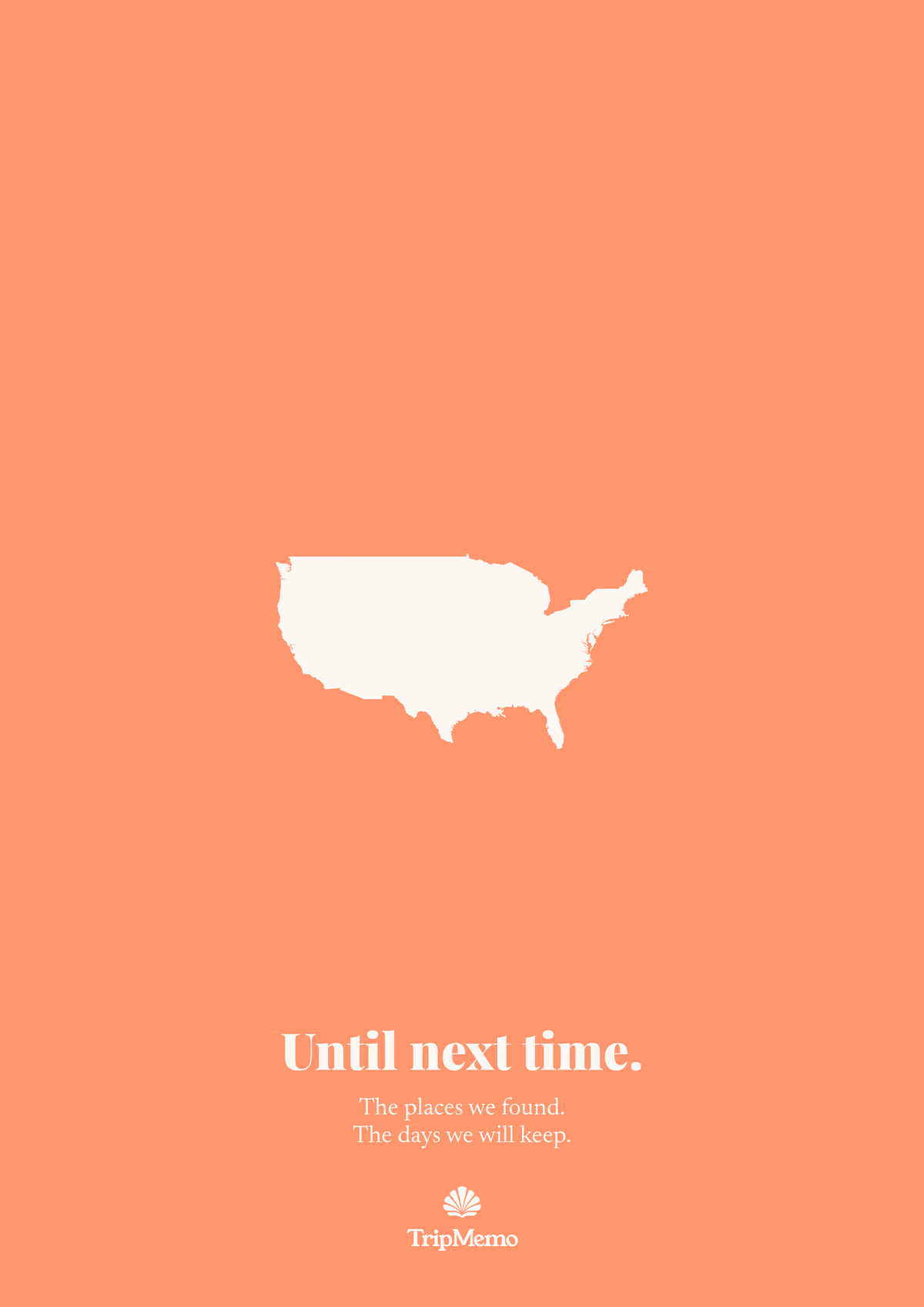 Back of the Louisiana photo book: an outline of the United States above the words "Until next time." and the TripMemo mark