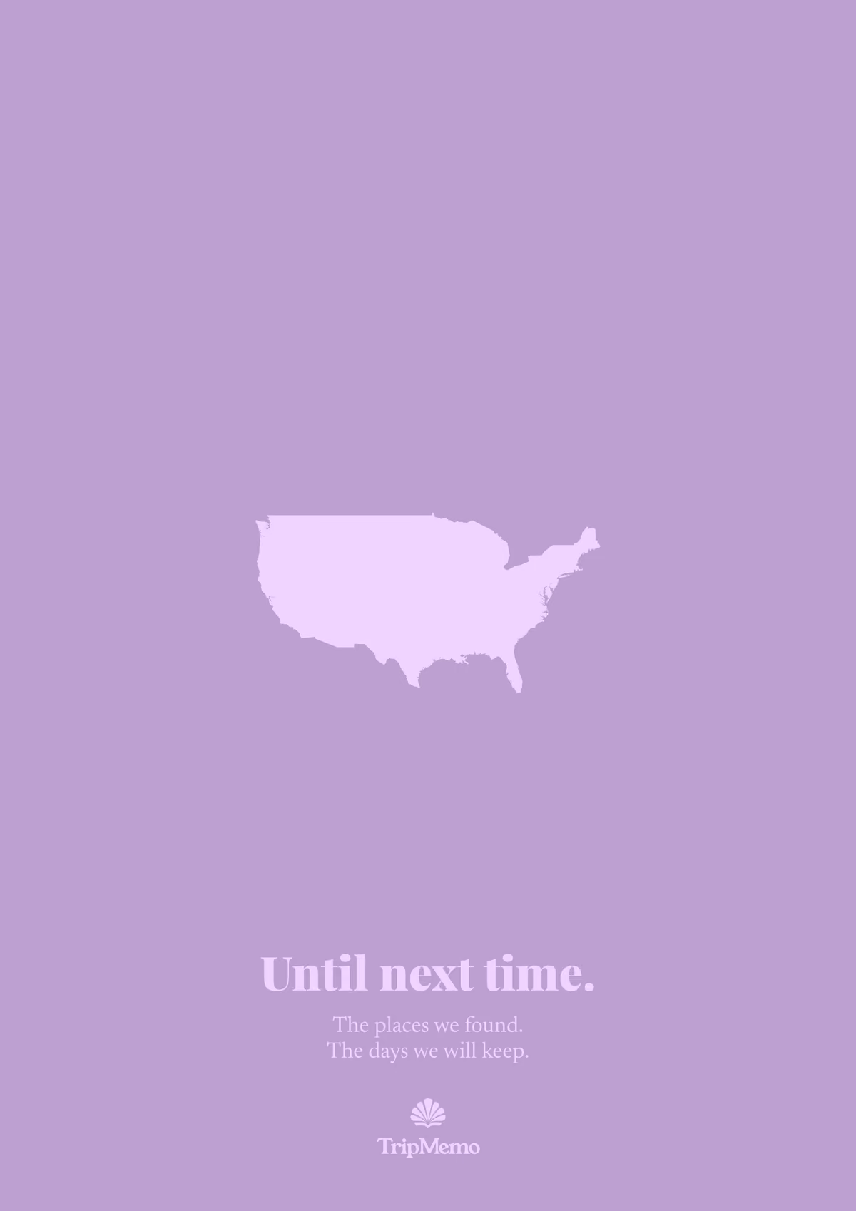 Back of the Louisiana photo book: an outline of the United States above the words "Until next time." and the TripMemo mark