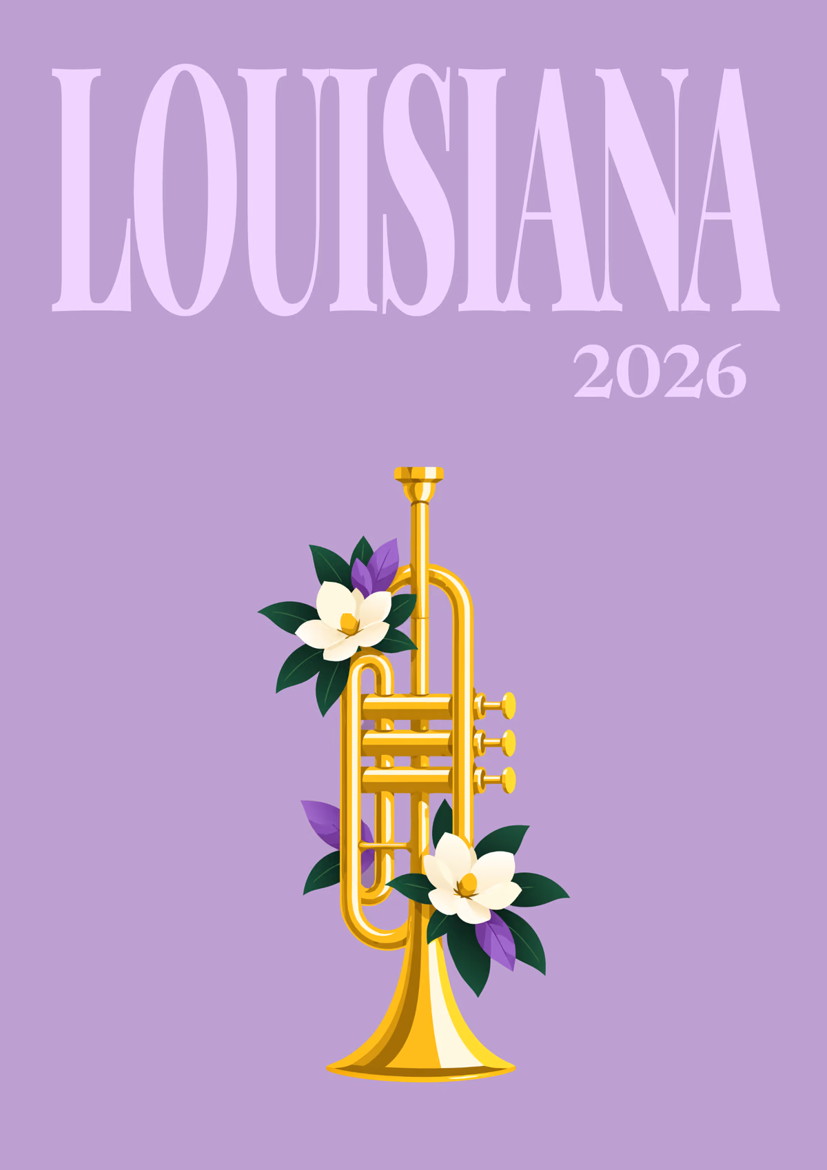 Louisiana illustrated travel photo book cover with the jazz trumpet artwork