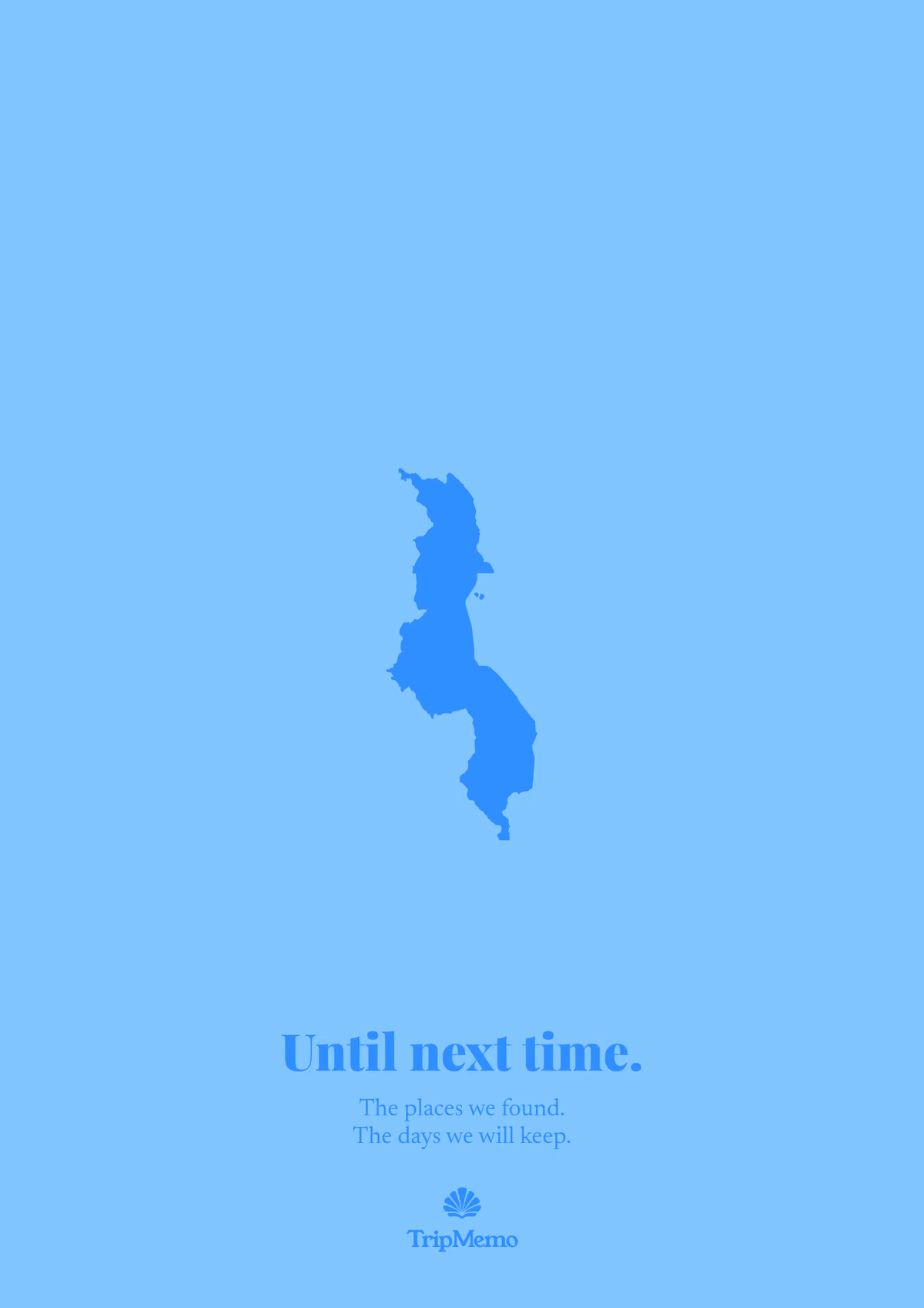Back of the Malawi photo book: an outline of Malawi above the words "Until next time." and the TripMemo mark