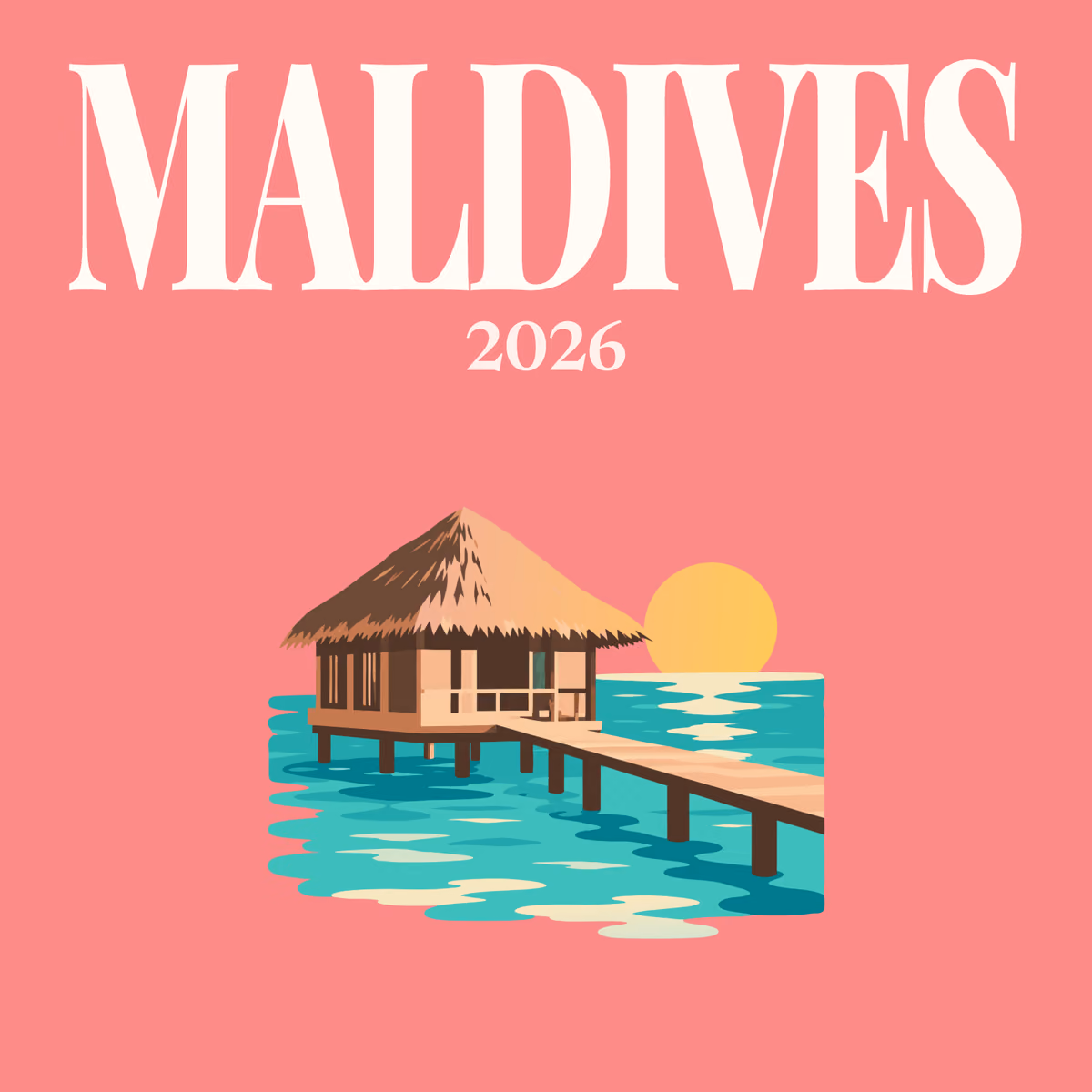 Maldives illustrated square photo book cover with the water villa artwork