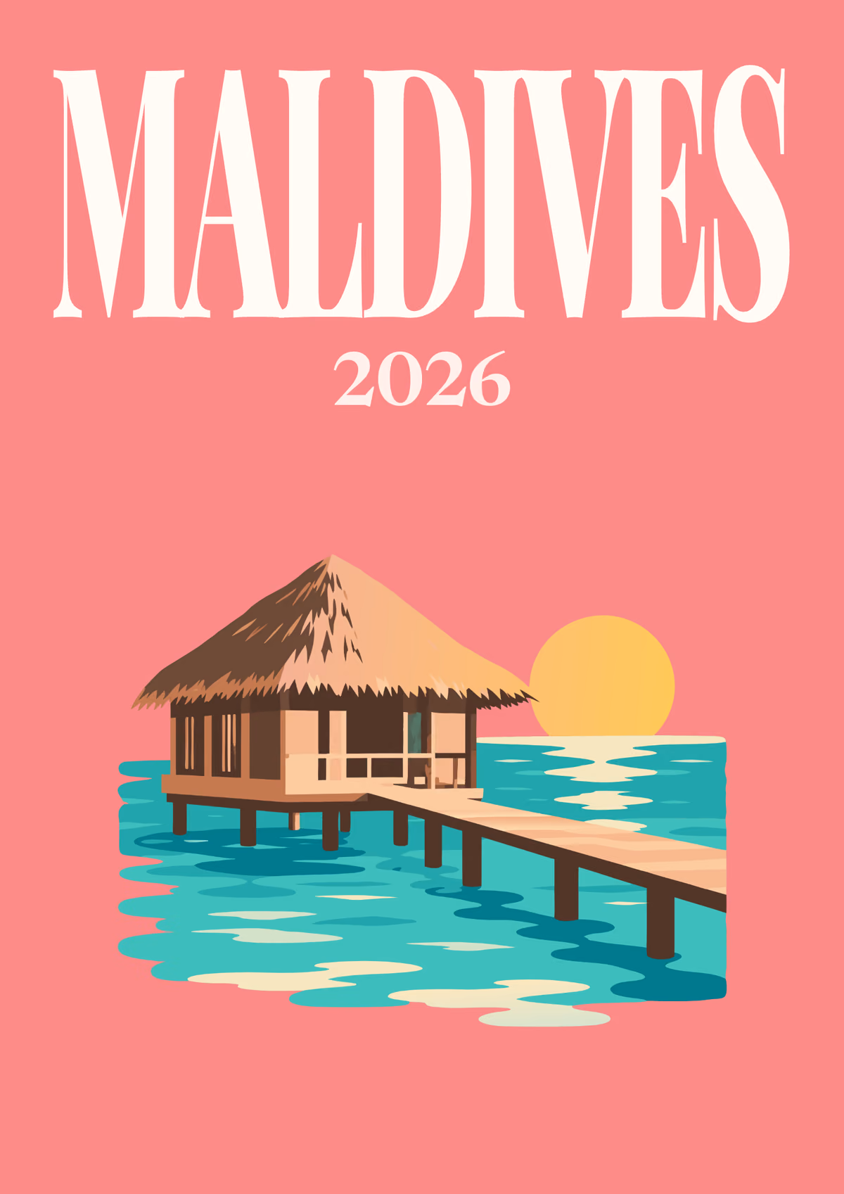Maldives illustrated travel photo book cover with the water villa artwork