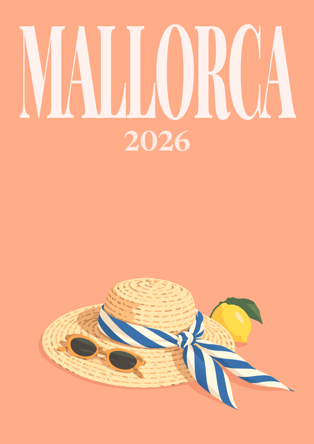 Mallorca illustrated travel photo book cover with the straw hat and lemon artwork
