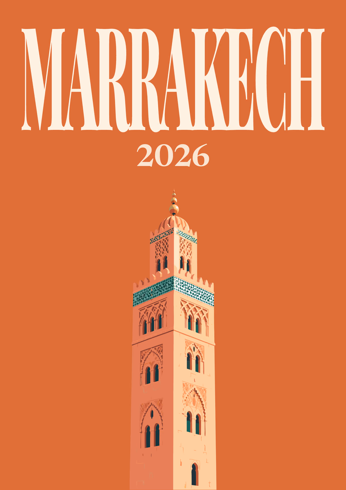 Marrakech illustrated travel photo book cover with the Koutoubia minaret artwork