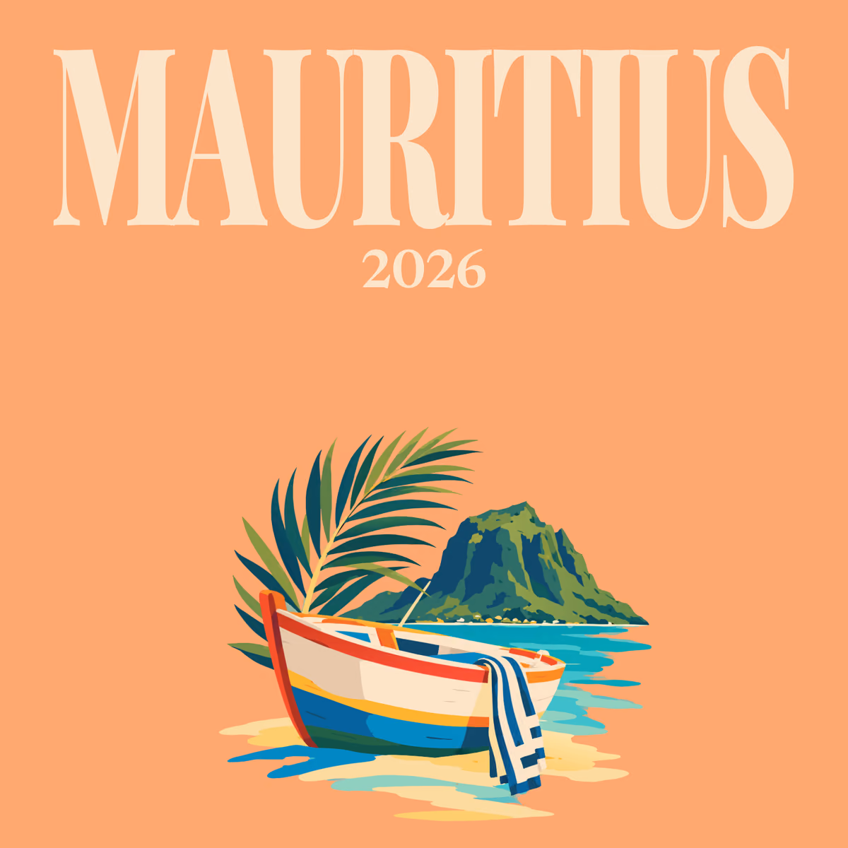 Mauritius illustrated square photo book cover with the fishing boat and Le Morne artwork