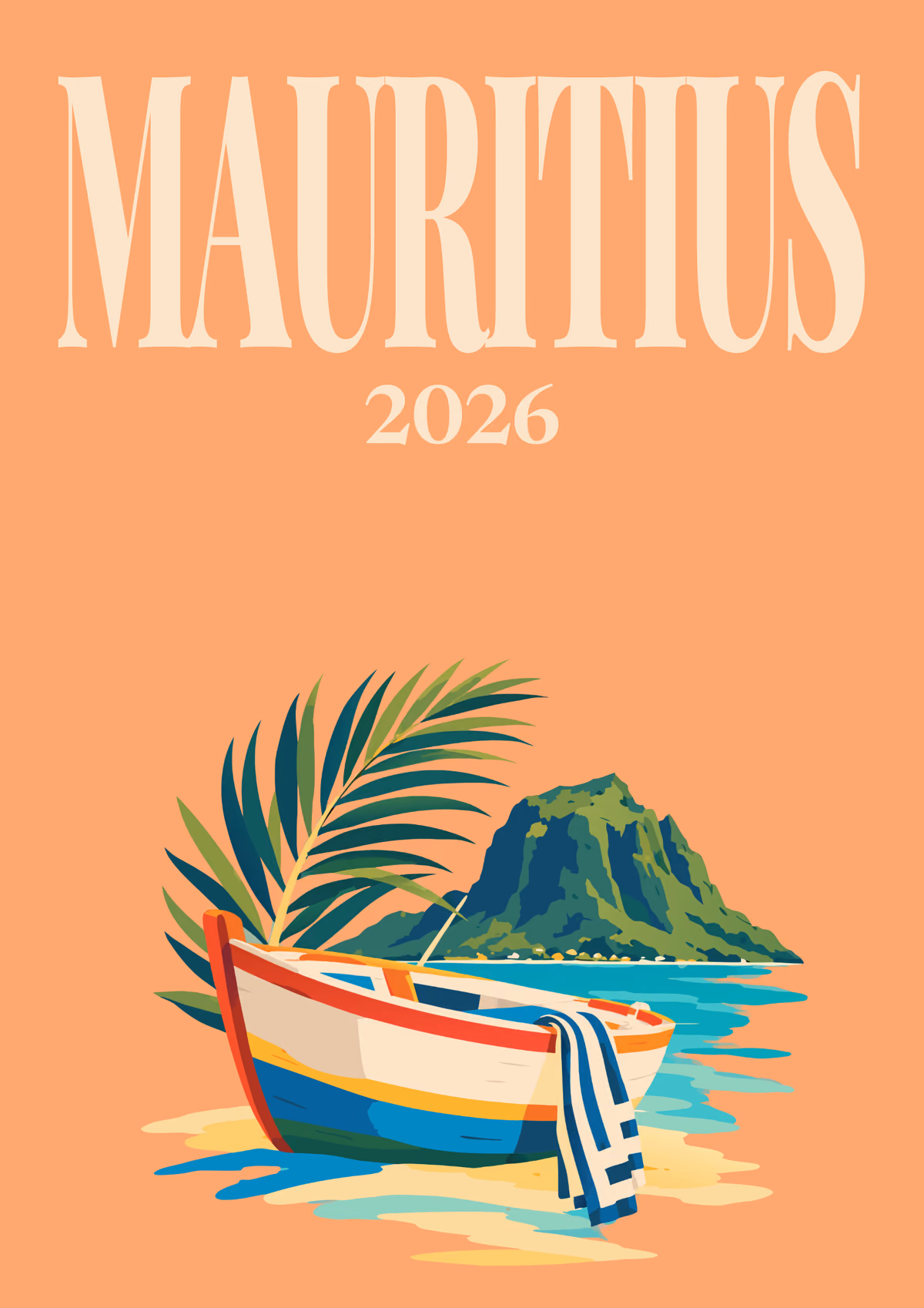 Mauritius illustrated travel photo book cover with the fishing boat and Le Morne artwork