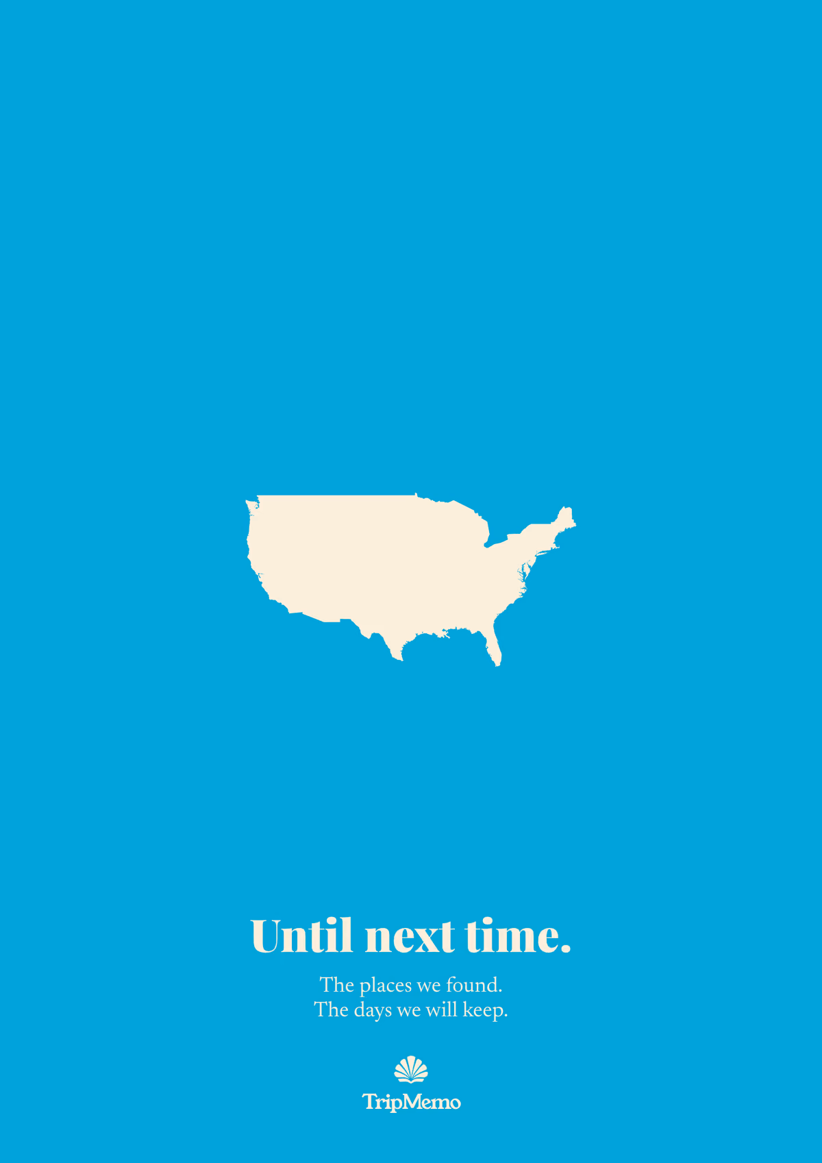 Back of the Michigan photo book: an outline of the United States above the words "Until next time." and the TripMemo mark
