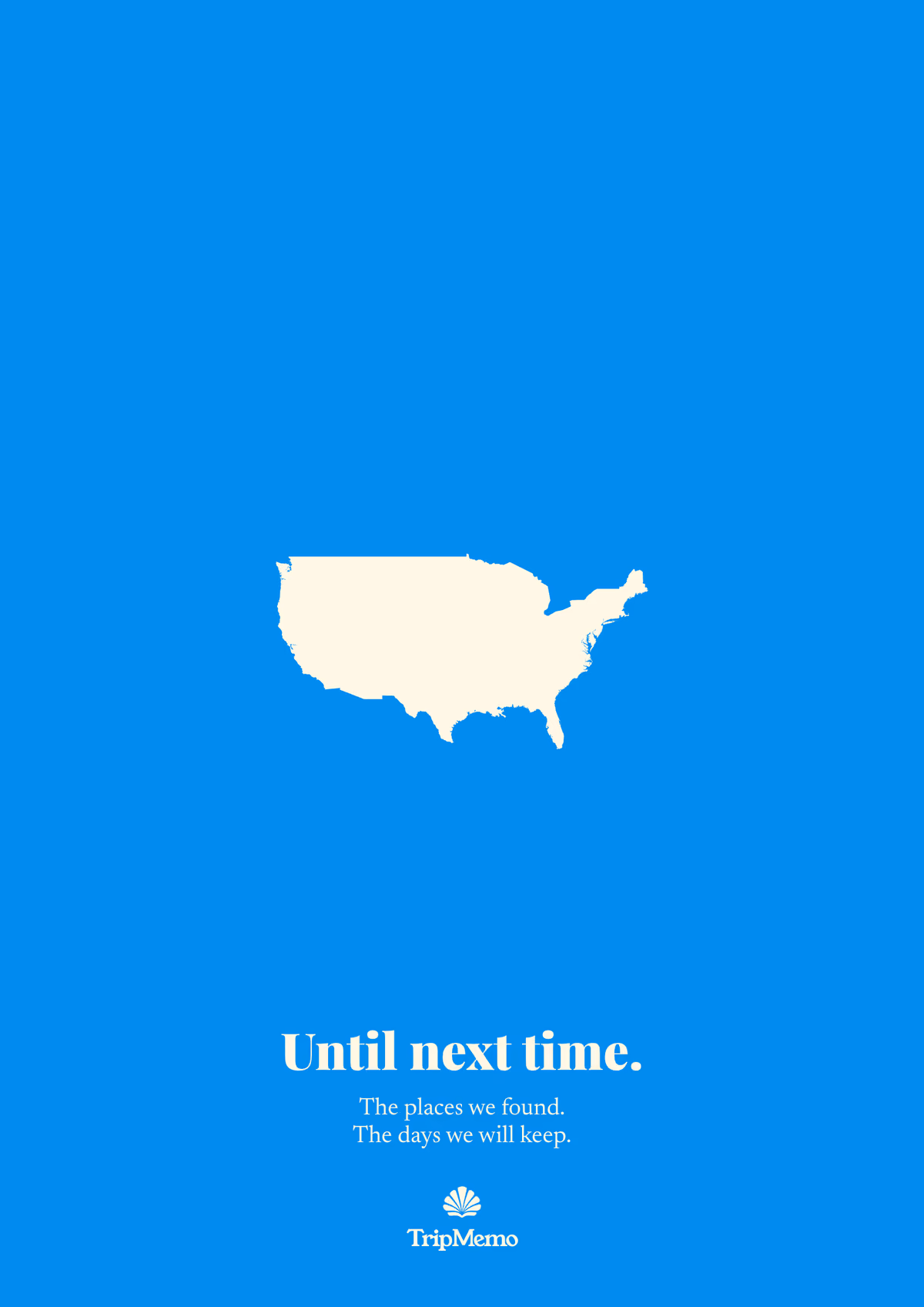 Back of the Missouri photo book: an outline of the United States above the words "Until next time." and the TripMemo mark