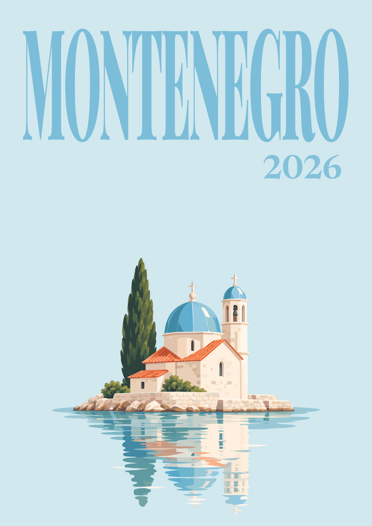 Montenegro illustrated travel photo book cover with the island chapel artwork