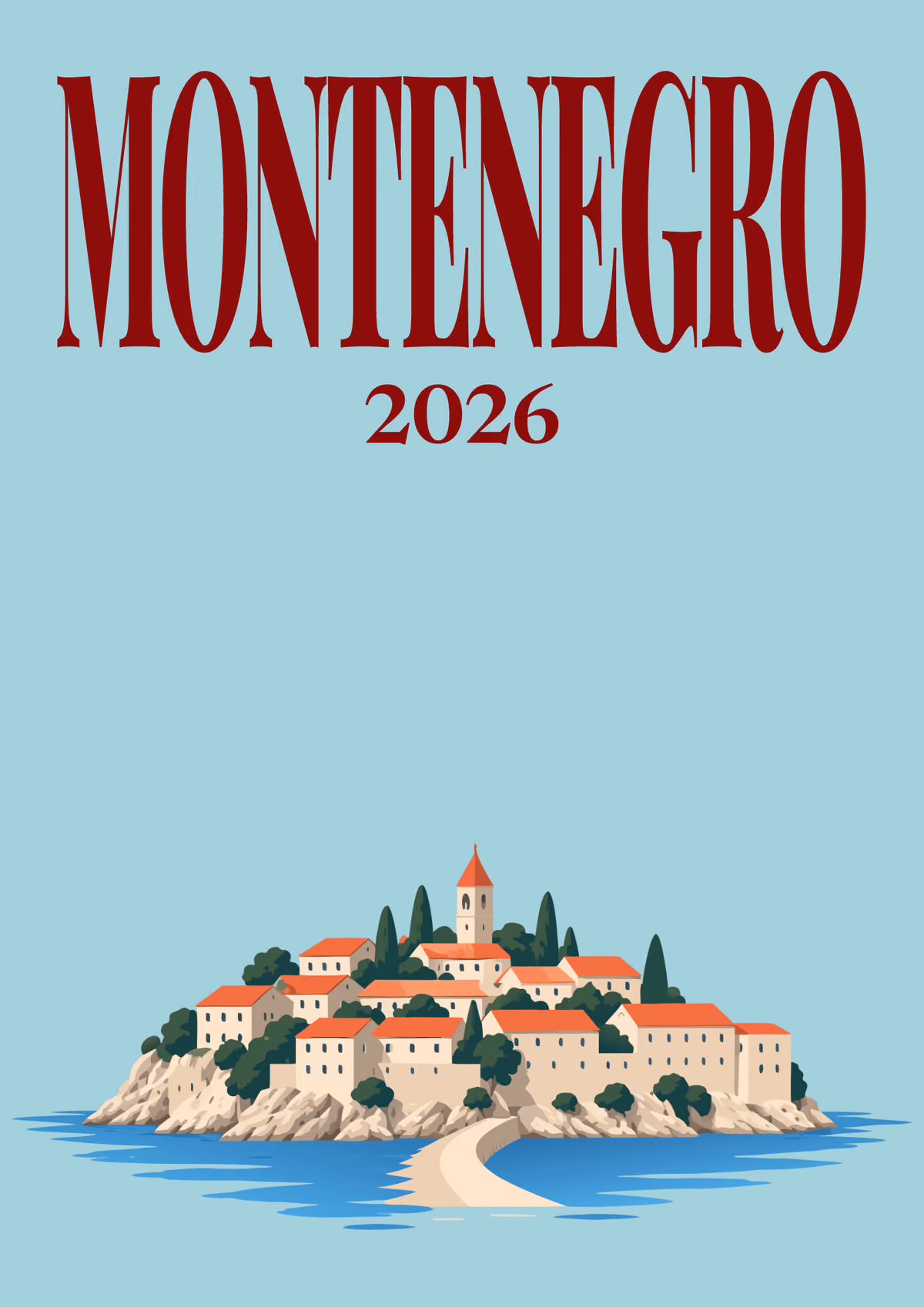 Montenegro illustrated travel photo book cover with the Sveti Stefan artwork