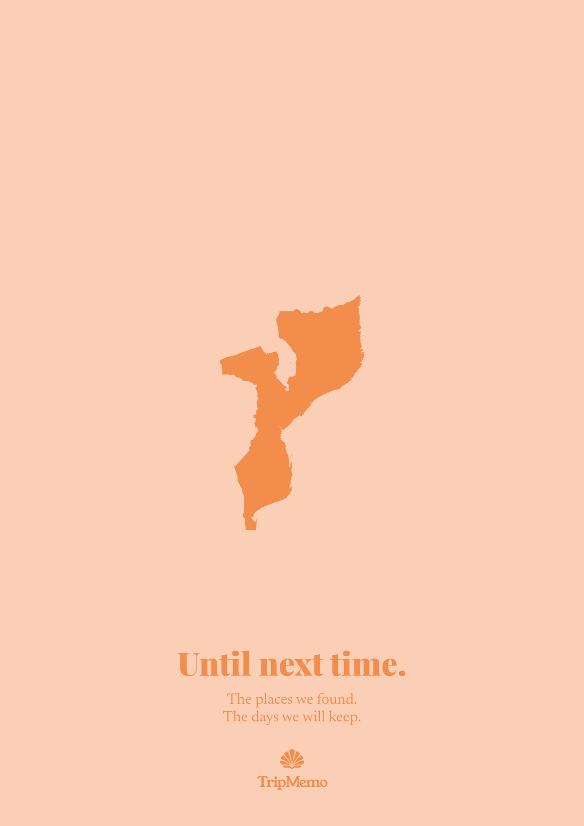 Back of the Mozambique photo book: an outline of Mozambique above the words "Until next time." and the TripMemo mark