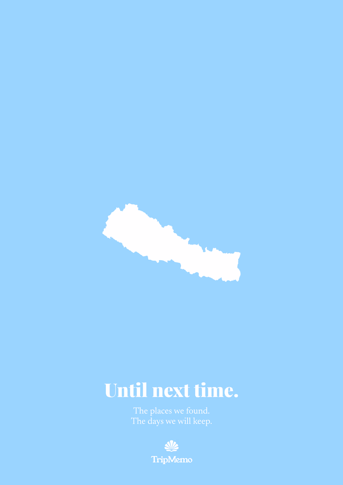 Back of the Nepal photo book: an outline of Nepal above the words "Until next time." and the TripMemo mark