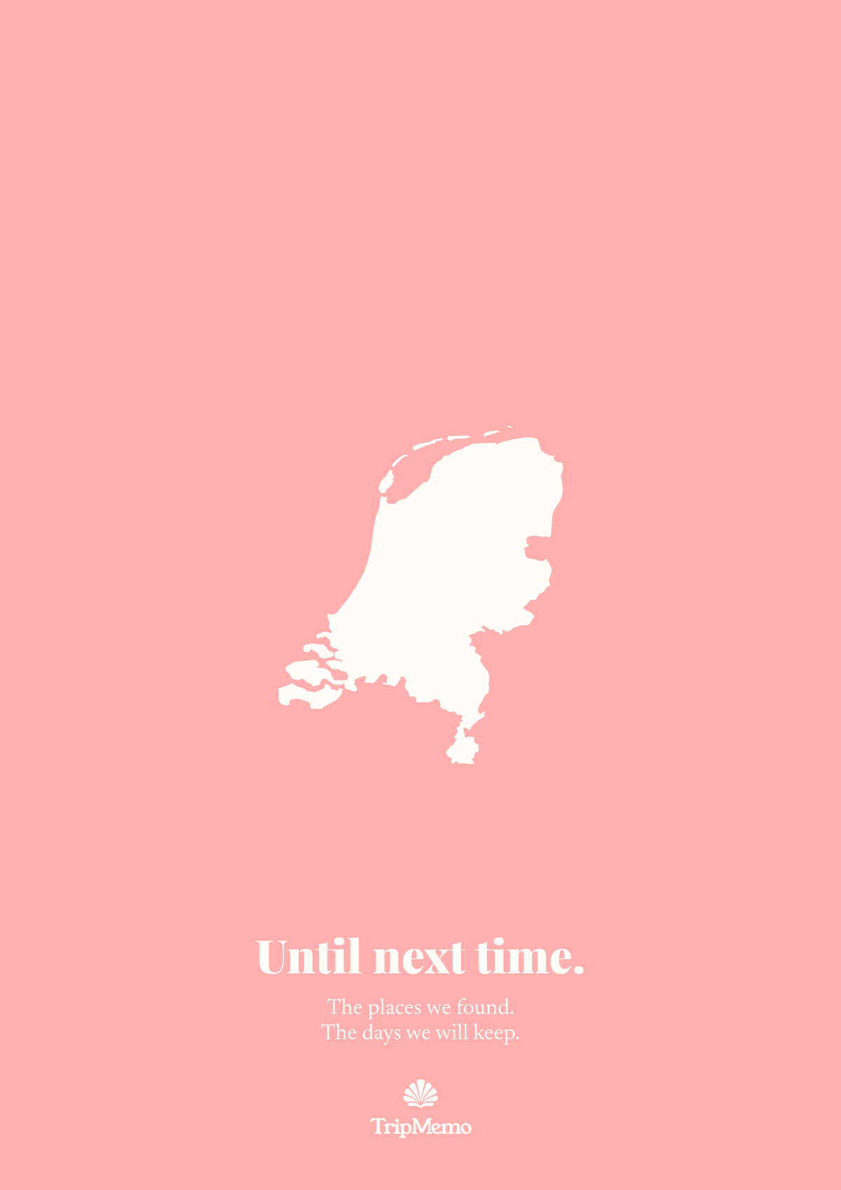 Back of the Netherlands photo book: an outline of the Netherlands above the words "Until next time." and the TripMemo mark