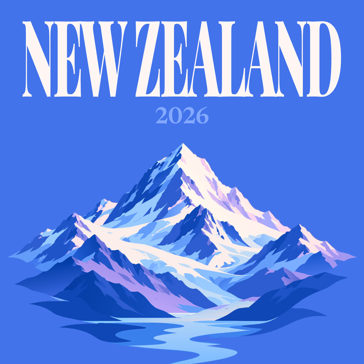 New Zealand illustrated square photo book cover with the alpine peak and lake artwork