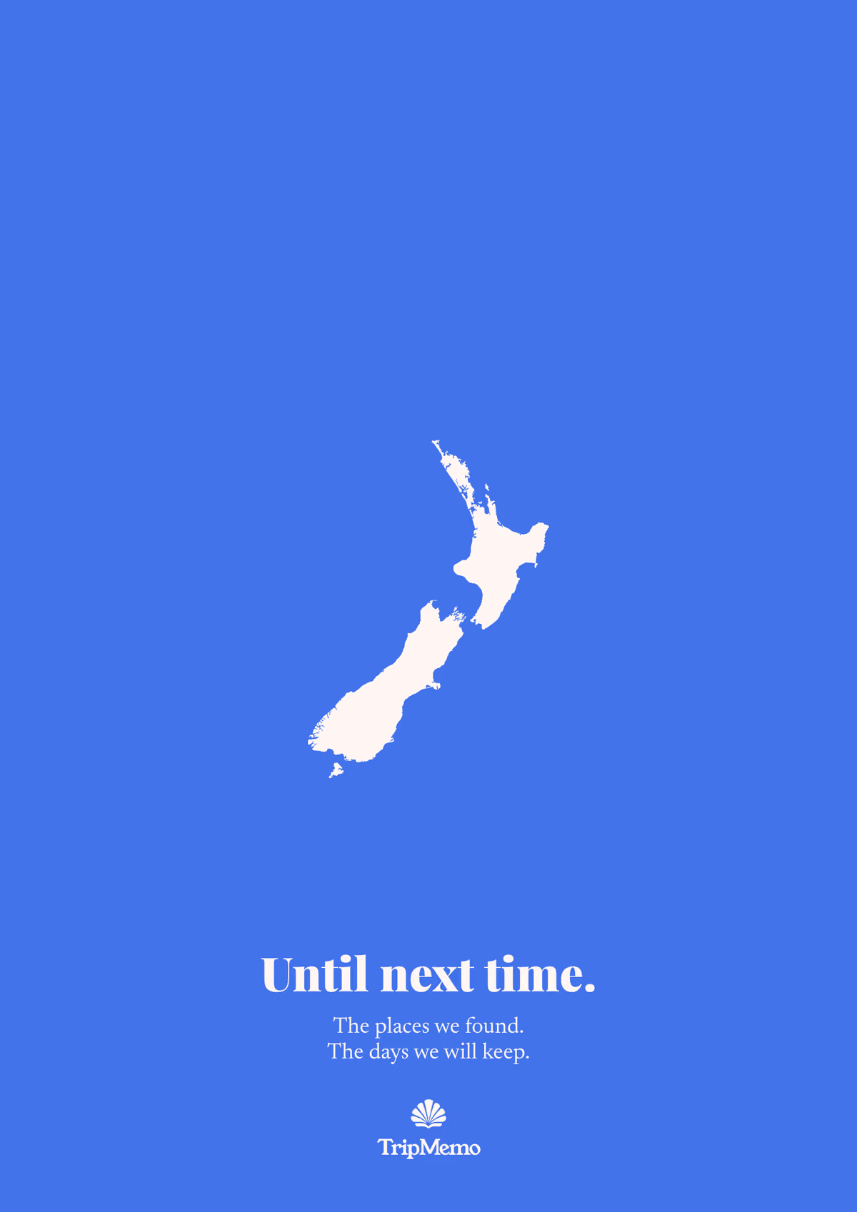 Back of the New Zealand photo book: an outline of New Zealand above the words "Until next time." and the TripMemo mark