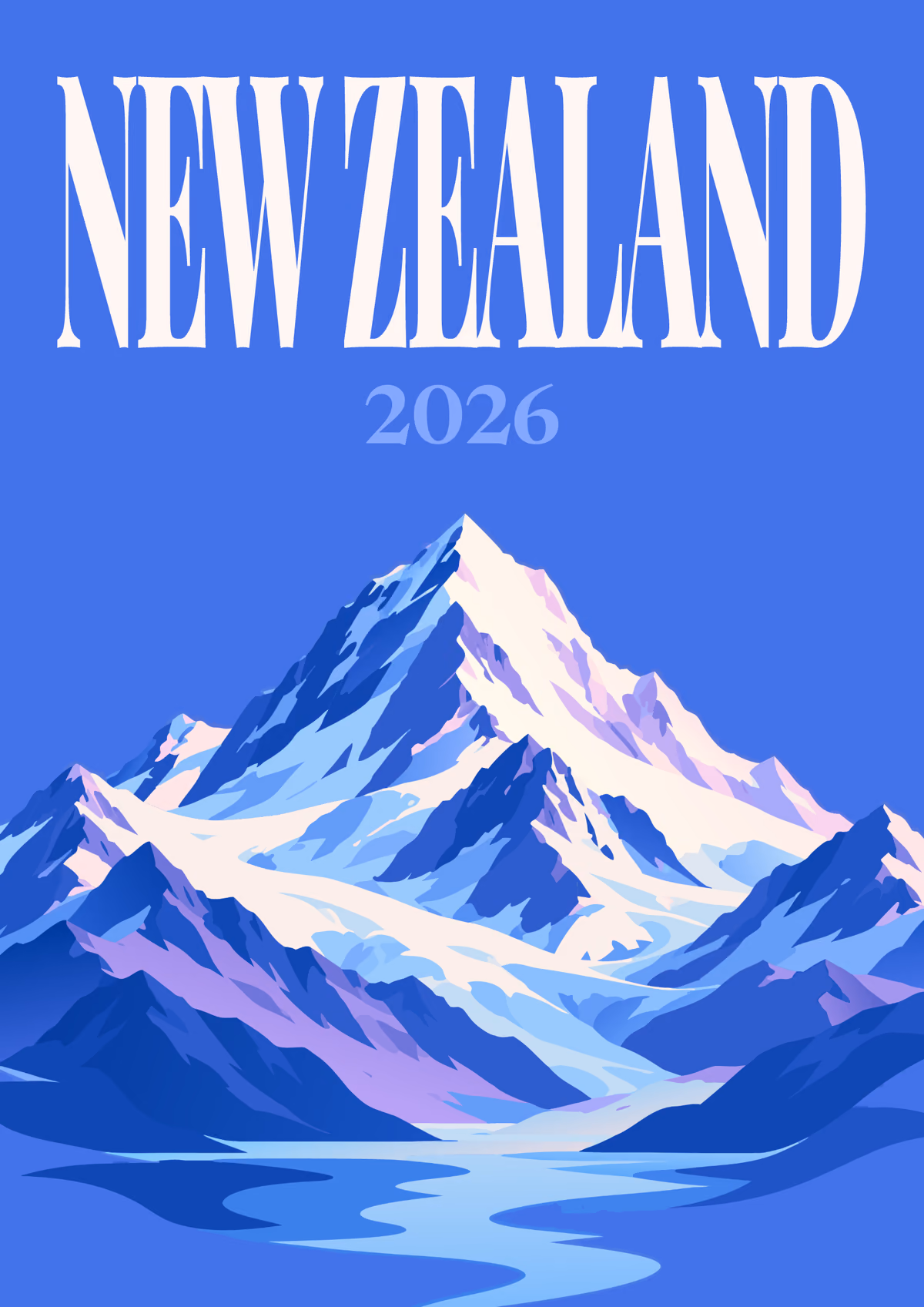 New Zealand illustrated travel photo book cover with the alpine peak and lake artwork