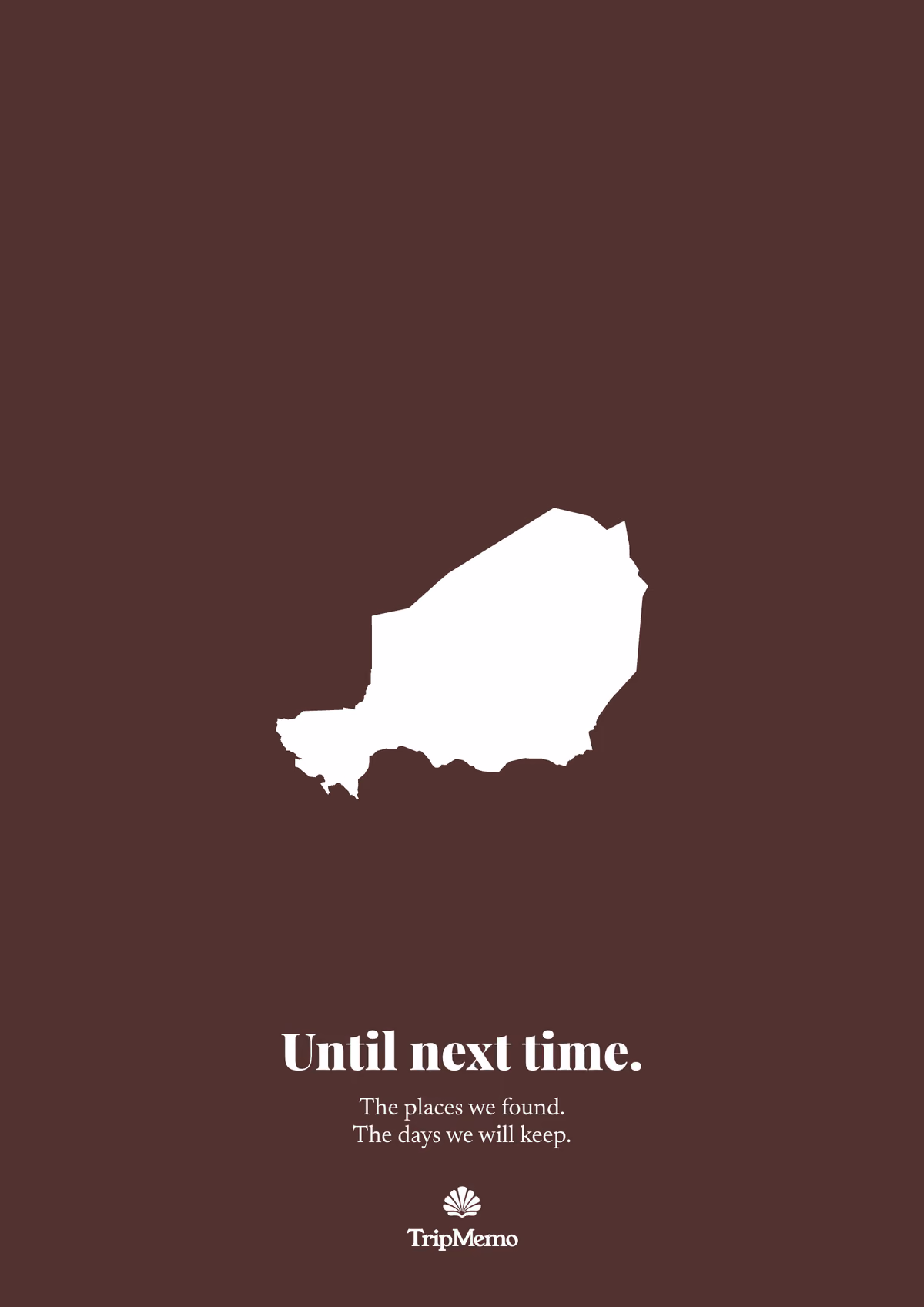 Back of the Niger photo book: an outline of Niger above the words "Until next time." and the TripMemo mark