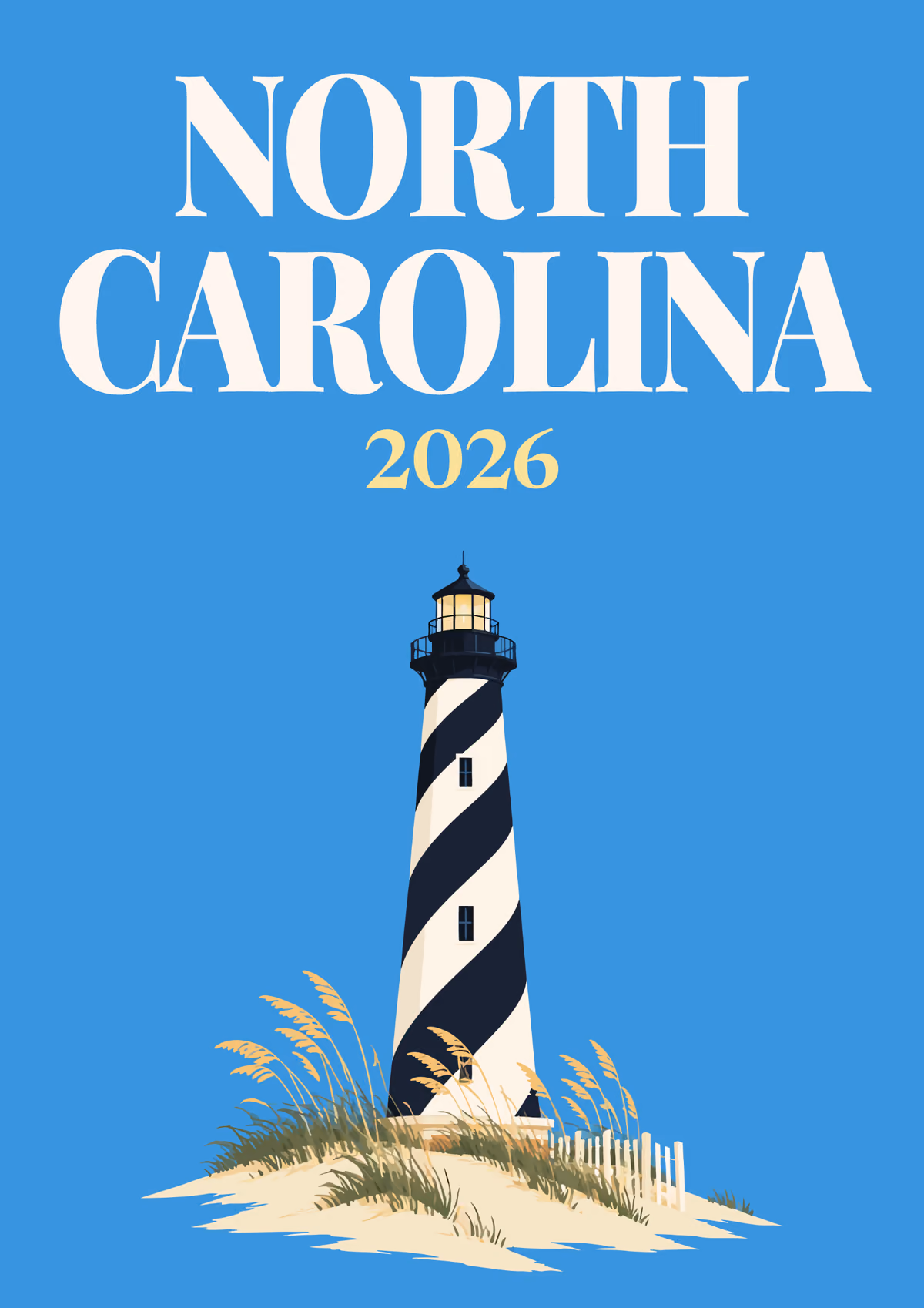 North Carolina illustrated travel photo book cover with the lighthouse and dunes artwork