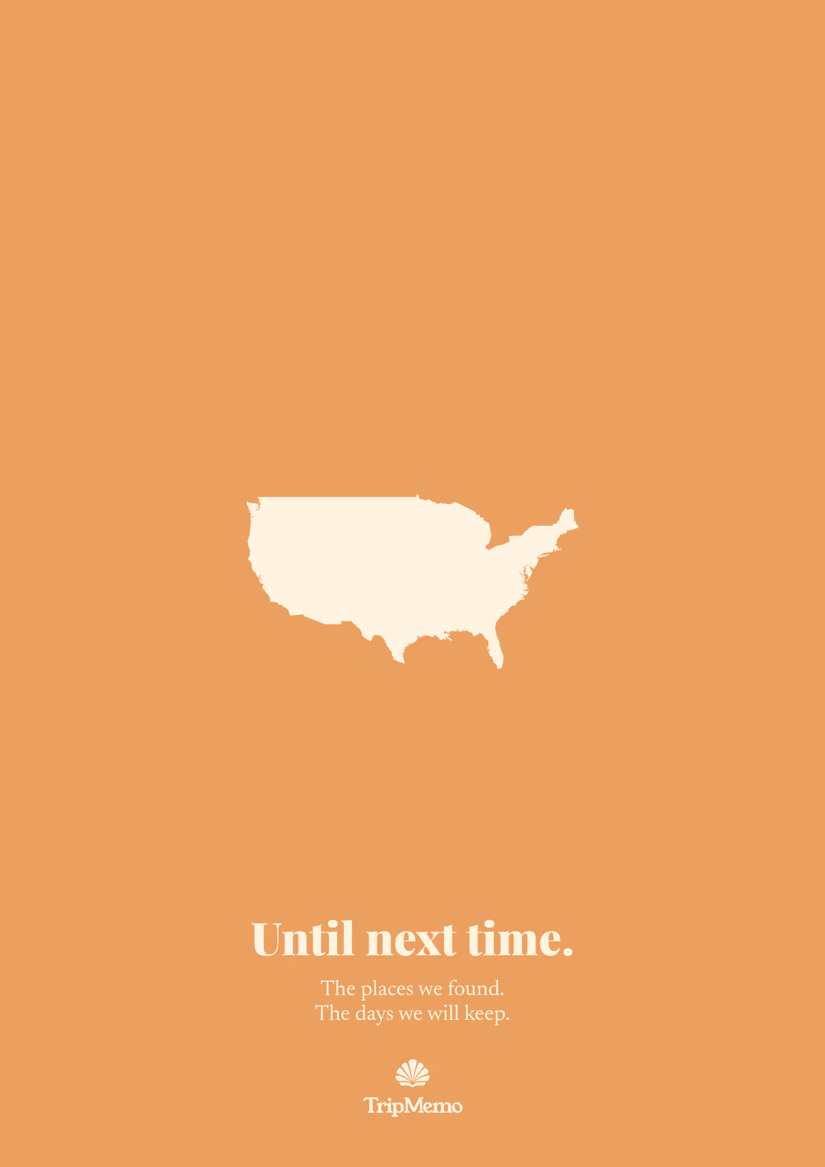 Back of the North Dakota photo book: an outline of the United States above the words "Until next time." and the TripMemo mark