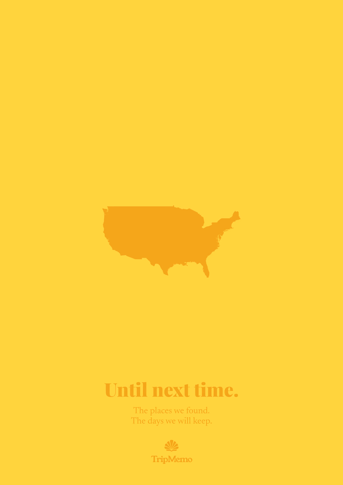 Back of the North Dakota photo book: an outline of the United States above the words "Until next time." and the TripMemo mark