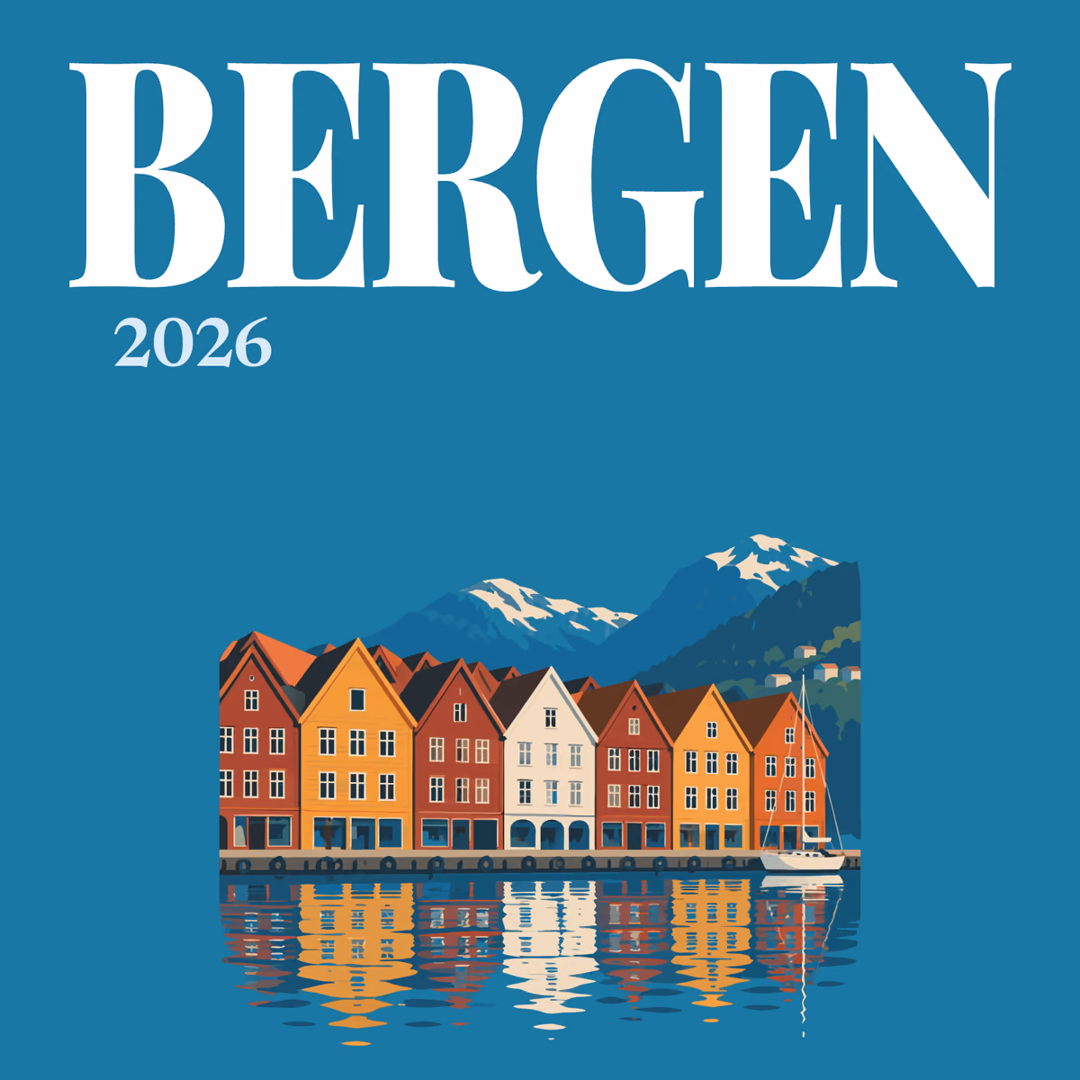 Bergen illustrated square photo book cover with the Bryggen wharf artwork