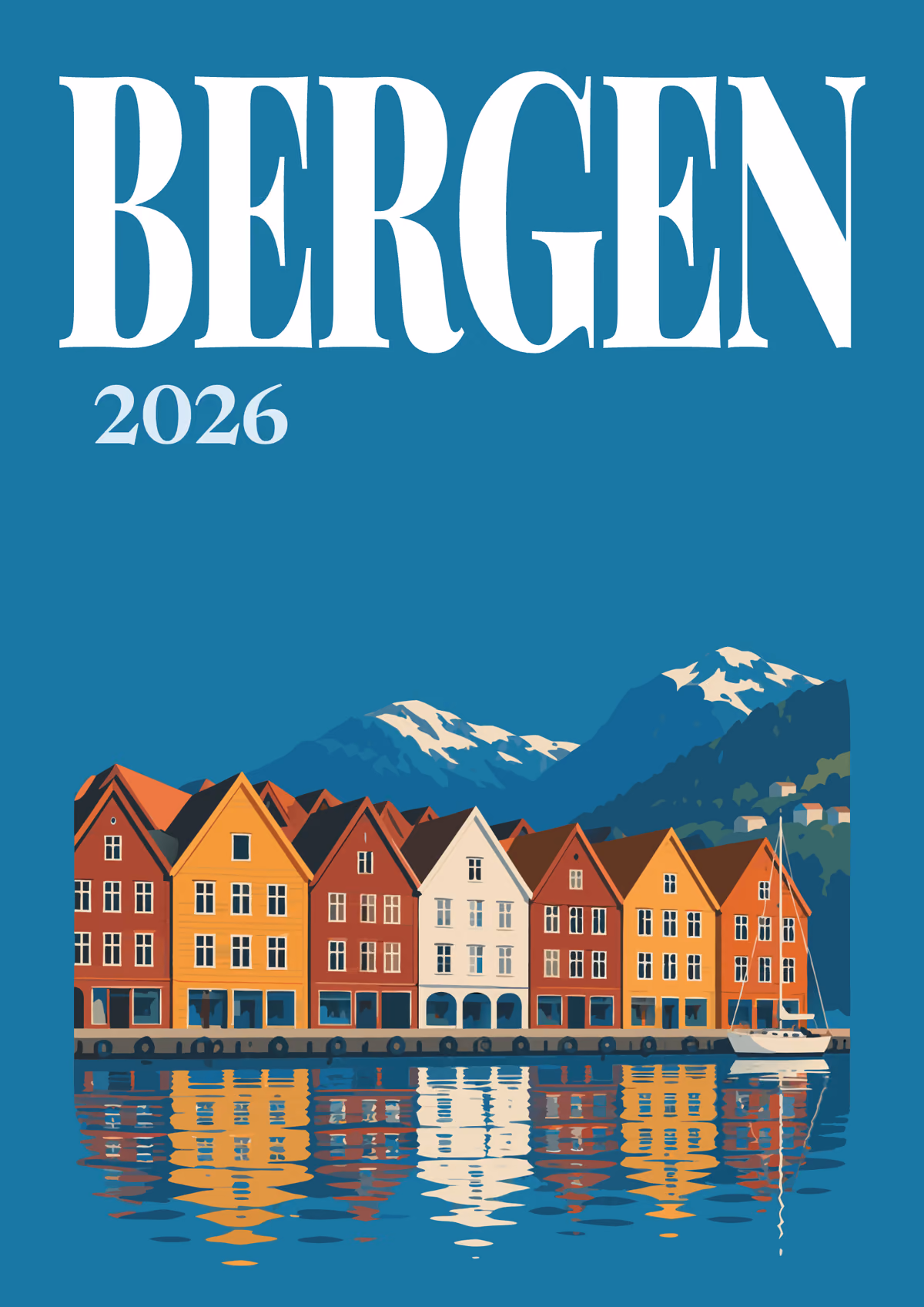 Bergen illustrated travel photo book cover with the Bryggen wharf artwork