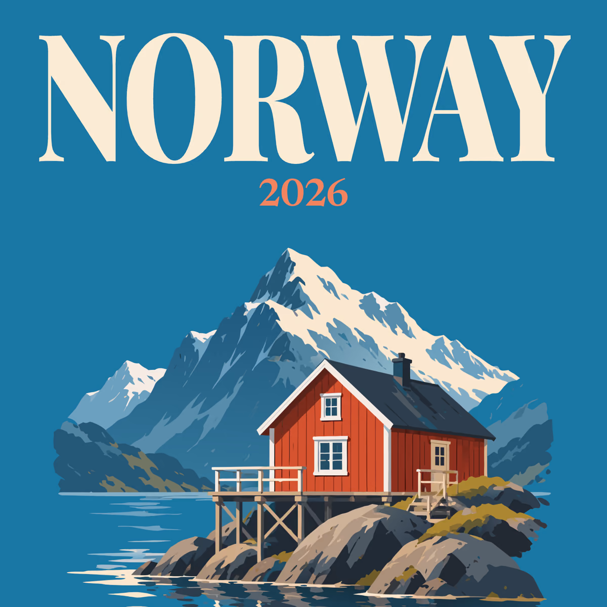 Norway illustrated square photo book cover with the rorbu cabin artwork