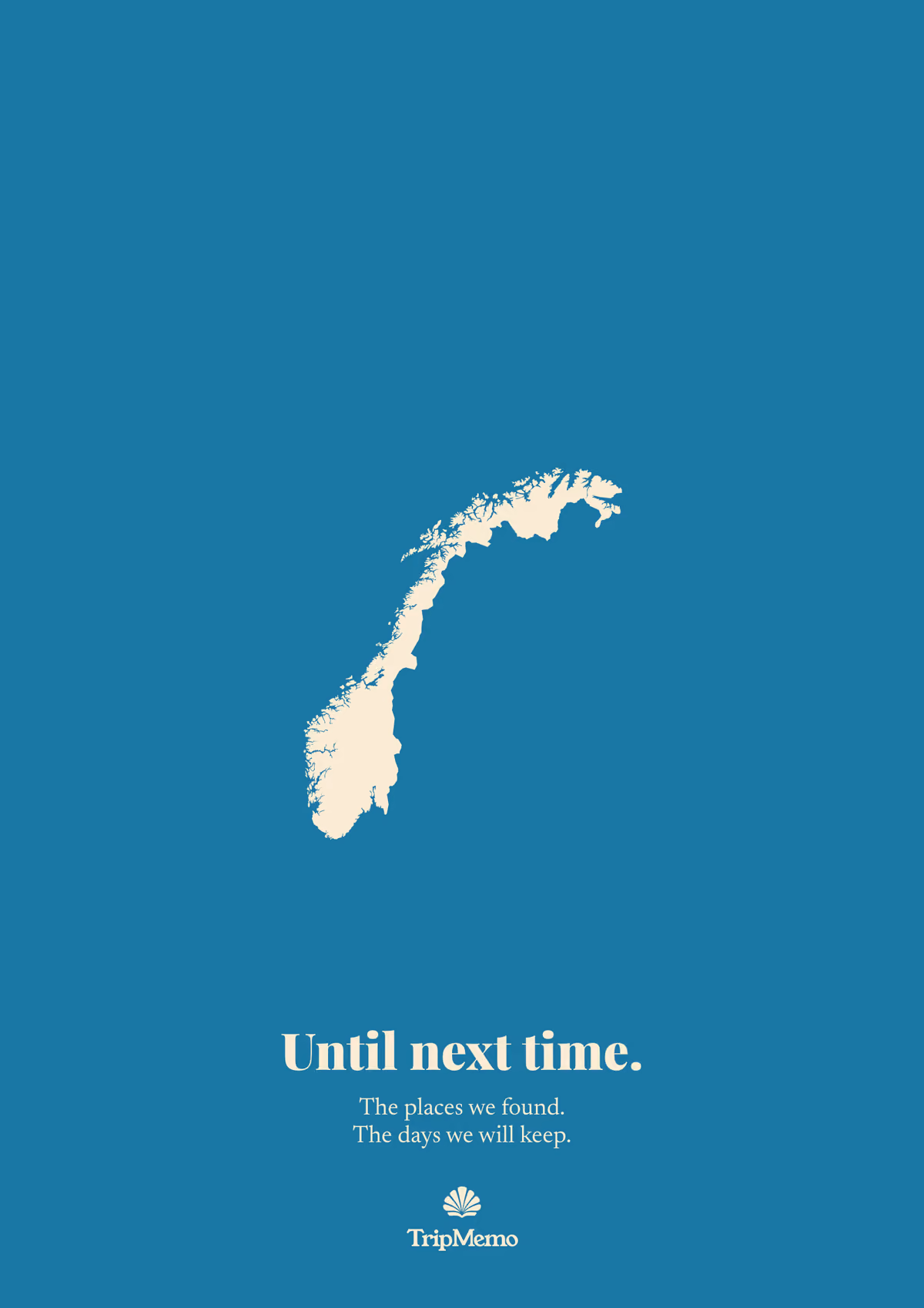 Back of the Norway photo book: an outline of Norway above the words "Until next time." and the TripMemo mark