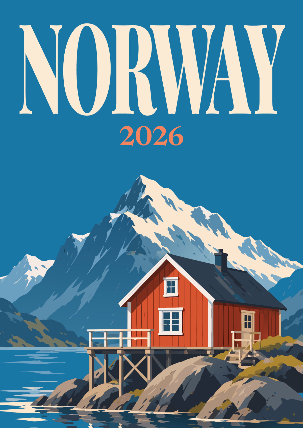 Norway illustrated travel photo book cover with the rorbu cabin artwork