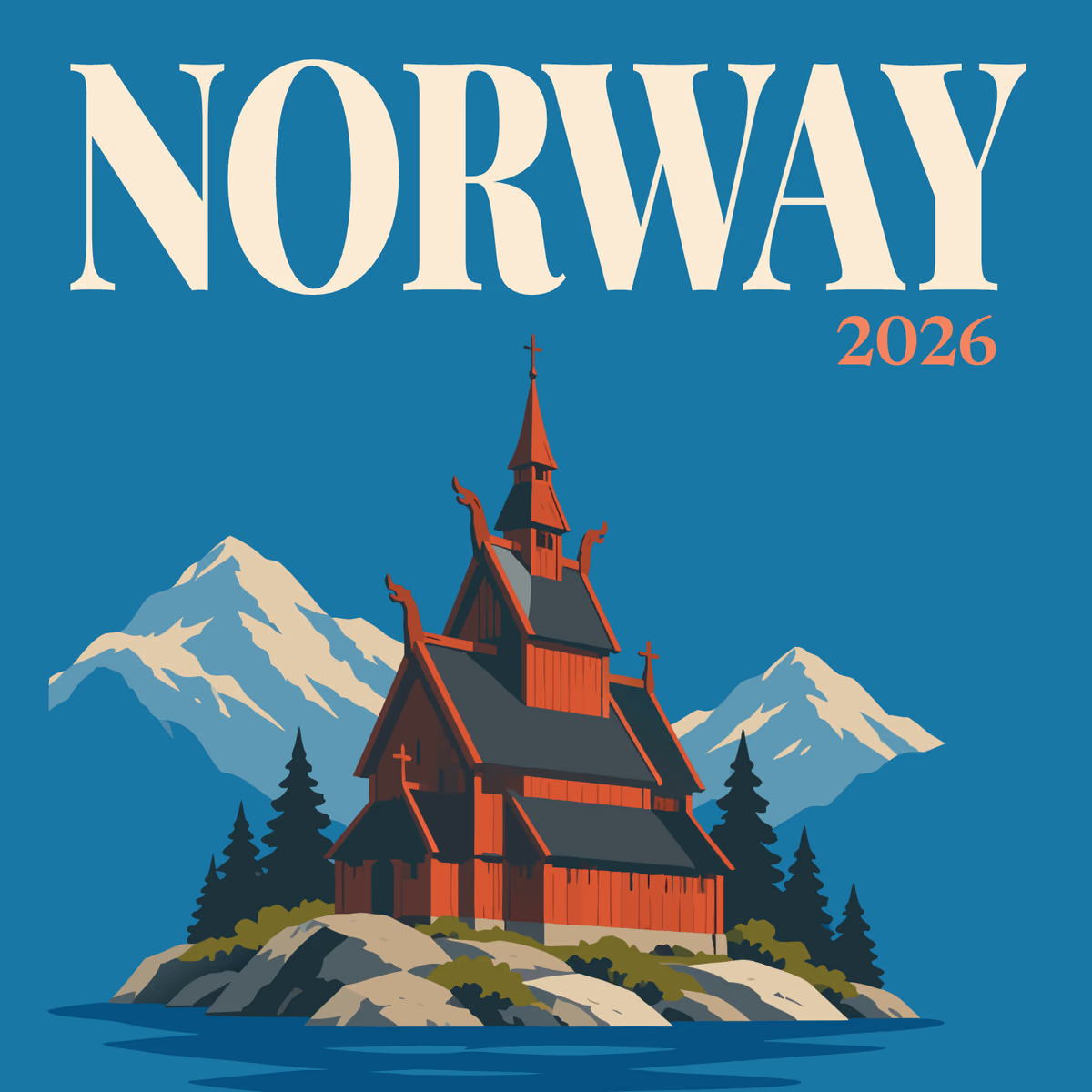 Norway illustrated square photo book cover with the stave church artwork