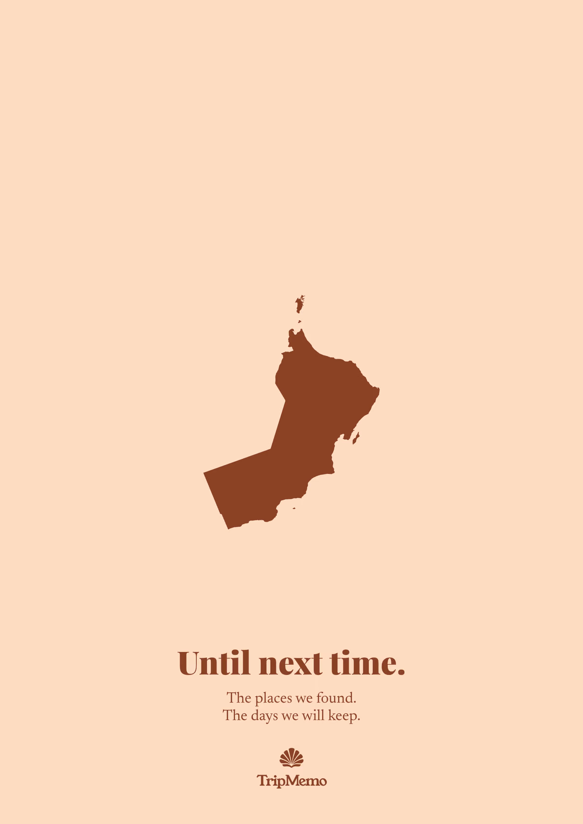 Back of the Oman photo book: an outline of Oman above the words "Until next time." and the TripMemo mark