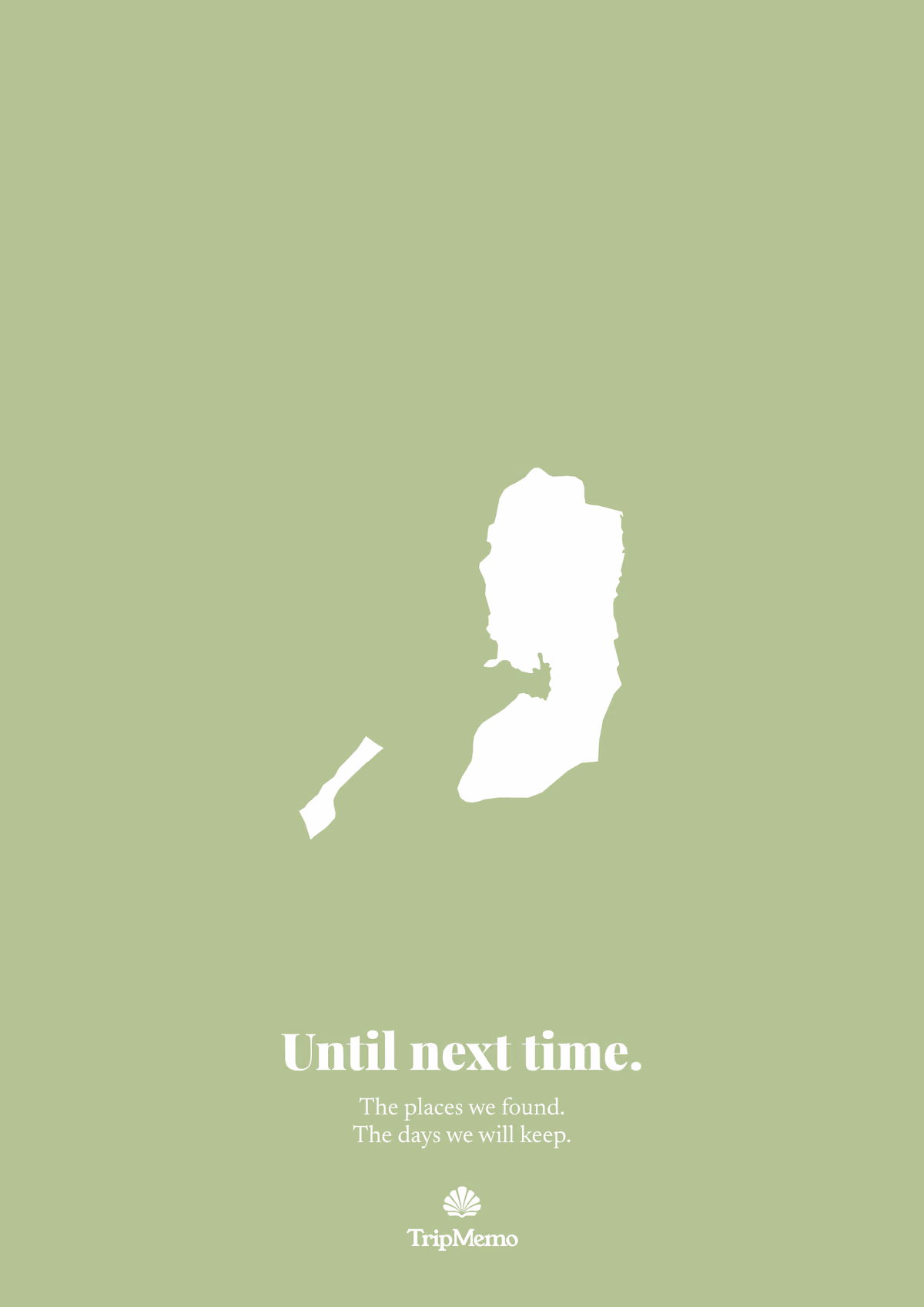 Back of the Palestine photo book: an outline of Palestine above the words "Until next time." and the TripMemo mark