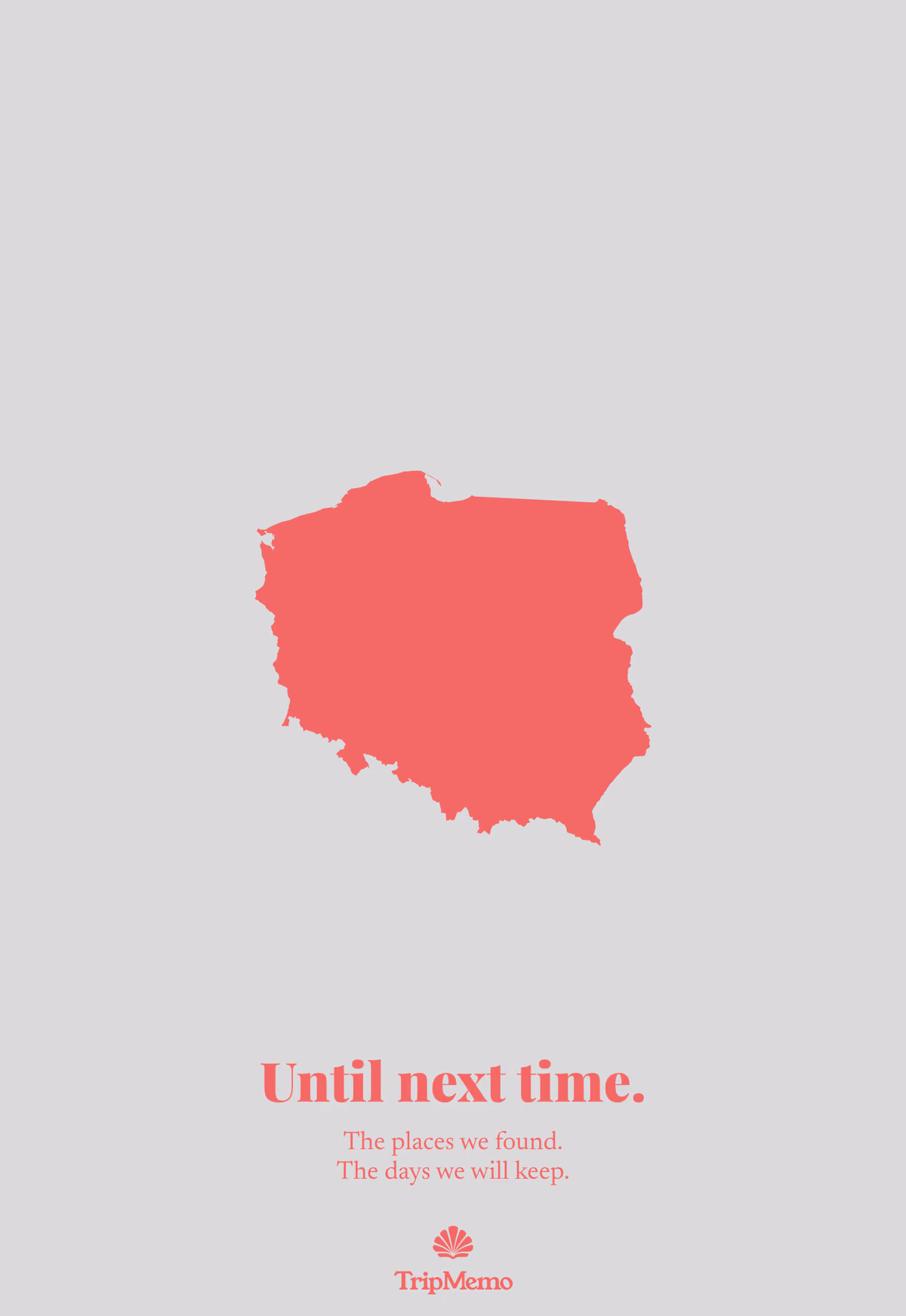 Back of the Poland photo book: an outline of Poland above the words "Until next time." and the TripMemo mark