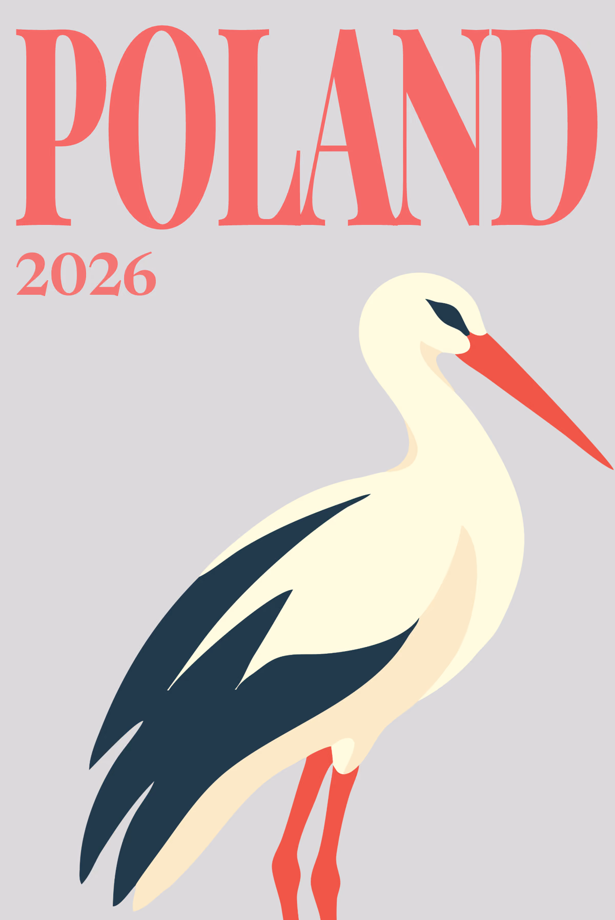 Poland illustrated travel photo book cover with a white stork on grey