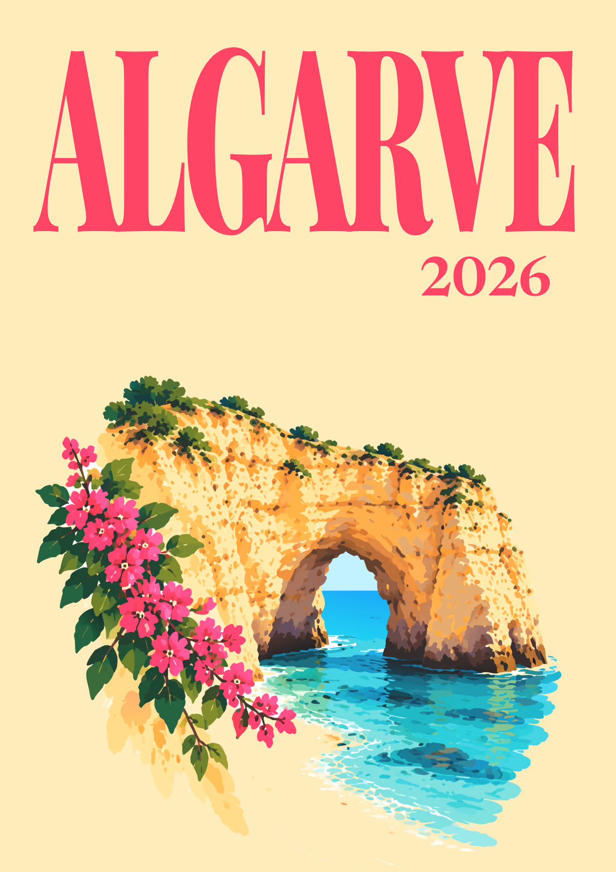 Algarve illustrated travel photo book cover with the arch and bougainvillea artwork