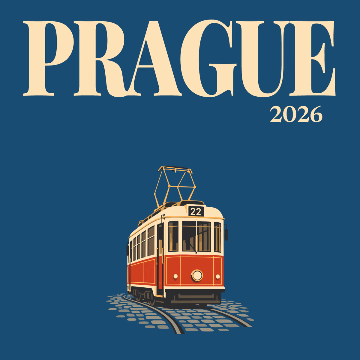 Prague illustrated square photo book cover with the tram 22 artwork