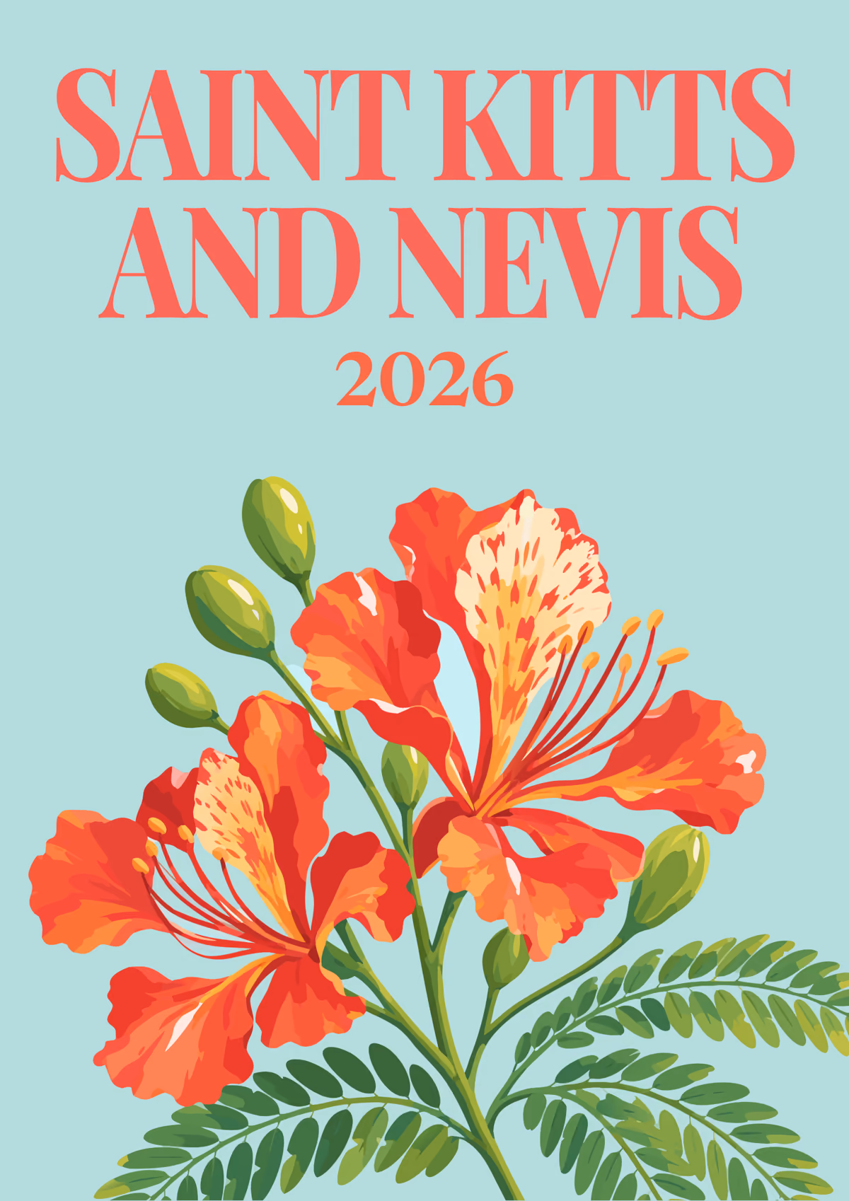 Saint Kitts and Nevis illustrated travel photo book cover with the flamboyant blossom artwork