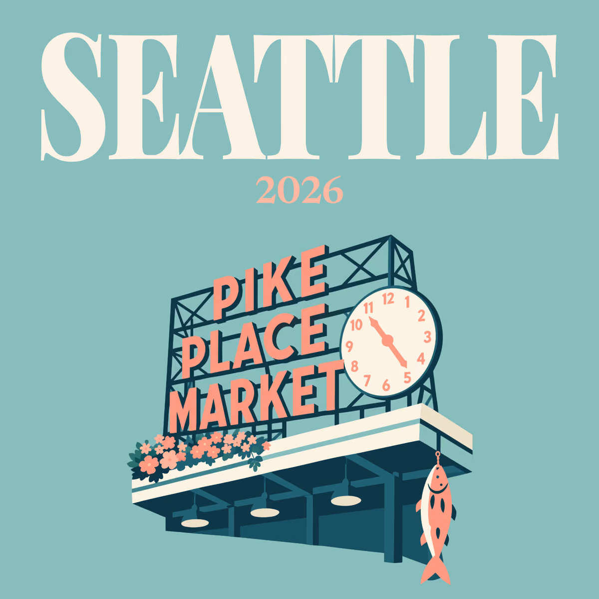 Seattle illustrated square photo book cover with the Pike Place Market artwork
