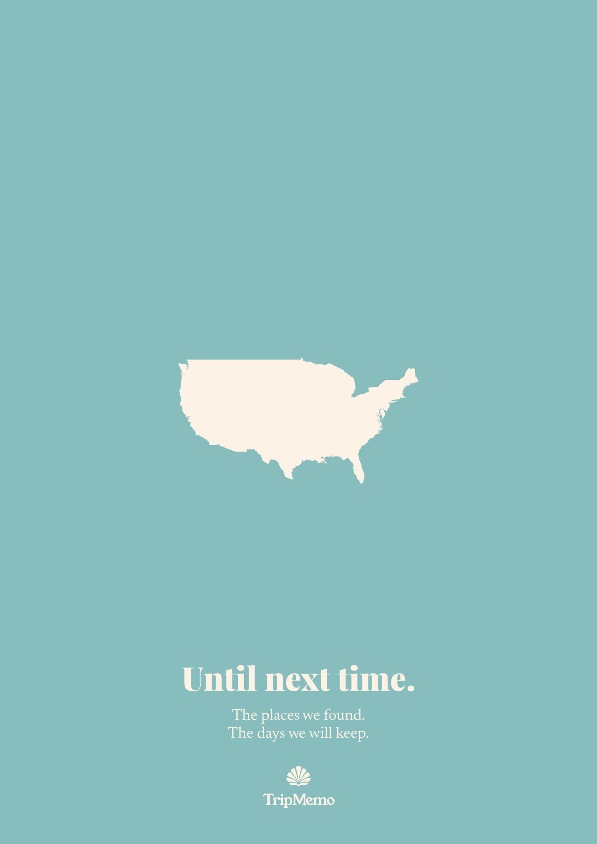 Back of the Seattle photo book: an outline of the United States above the words "Until next time." and the TripMemo mark