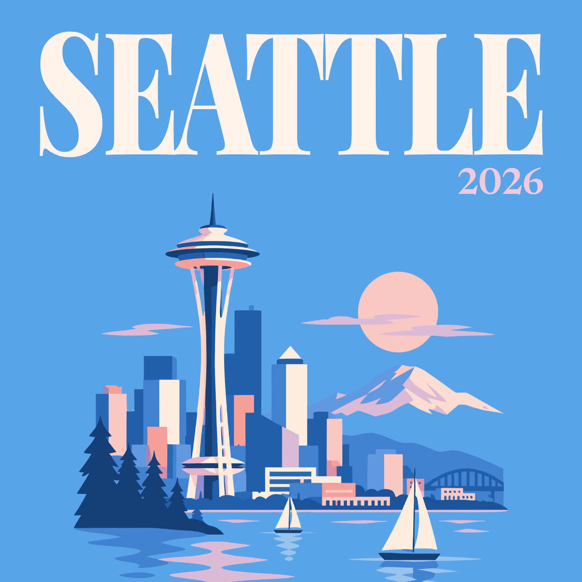 Seattle illustrated square photo book cover with the skyline artwork