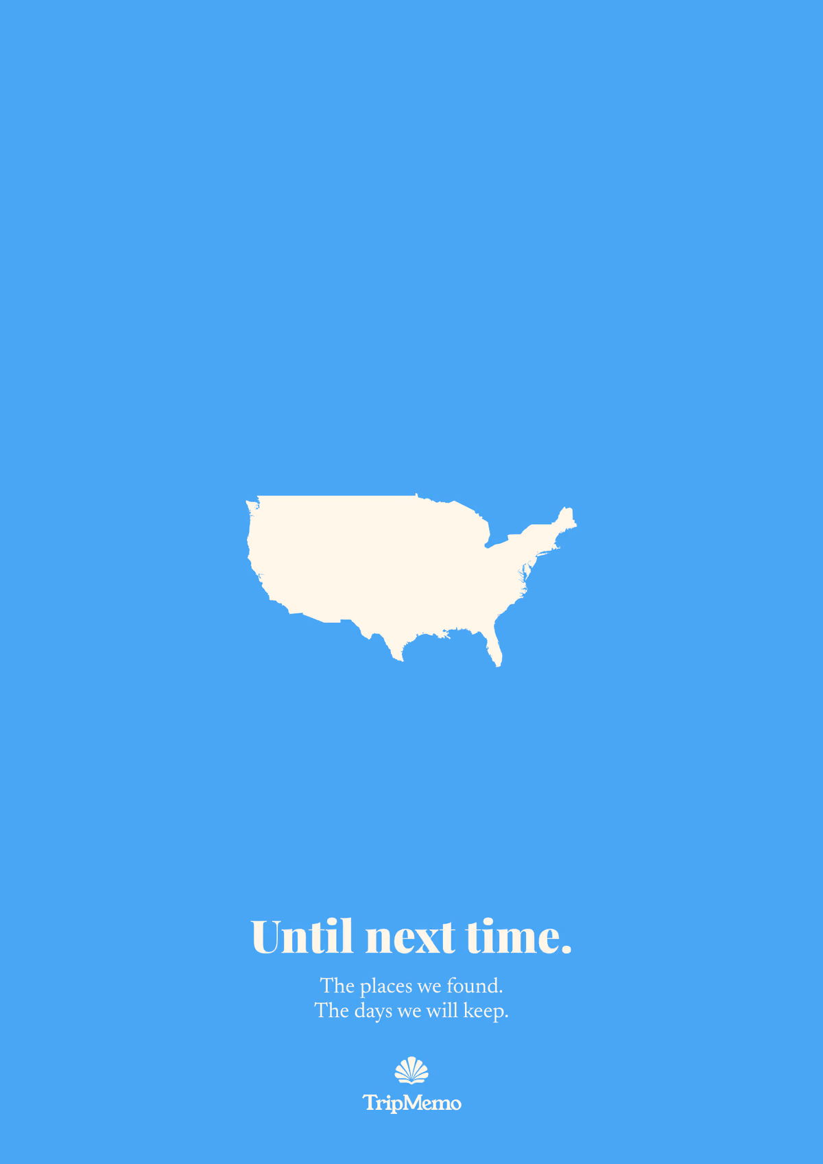 Back of the Seattle photo book: an outline of the United States above the words "Until next time." and the TripMemo mark