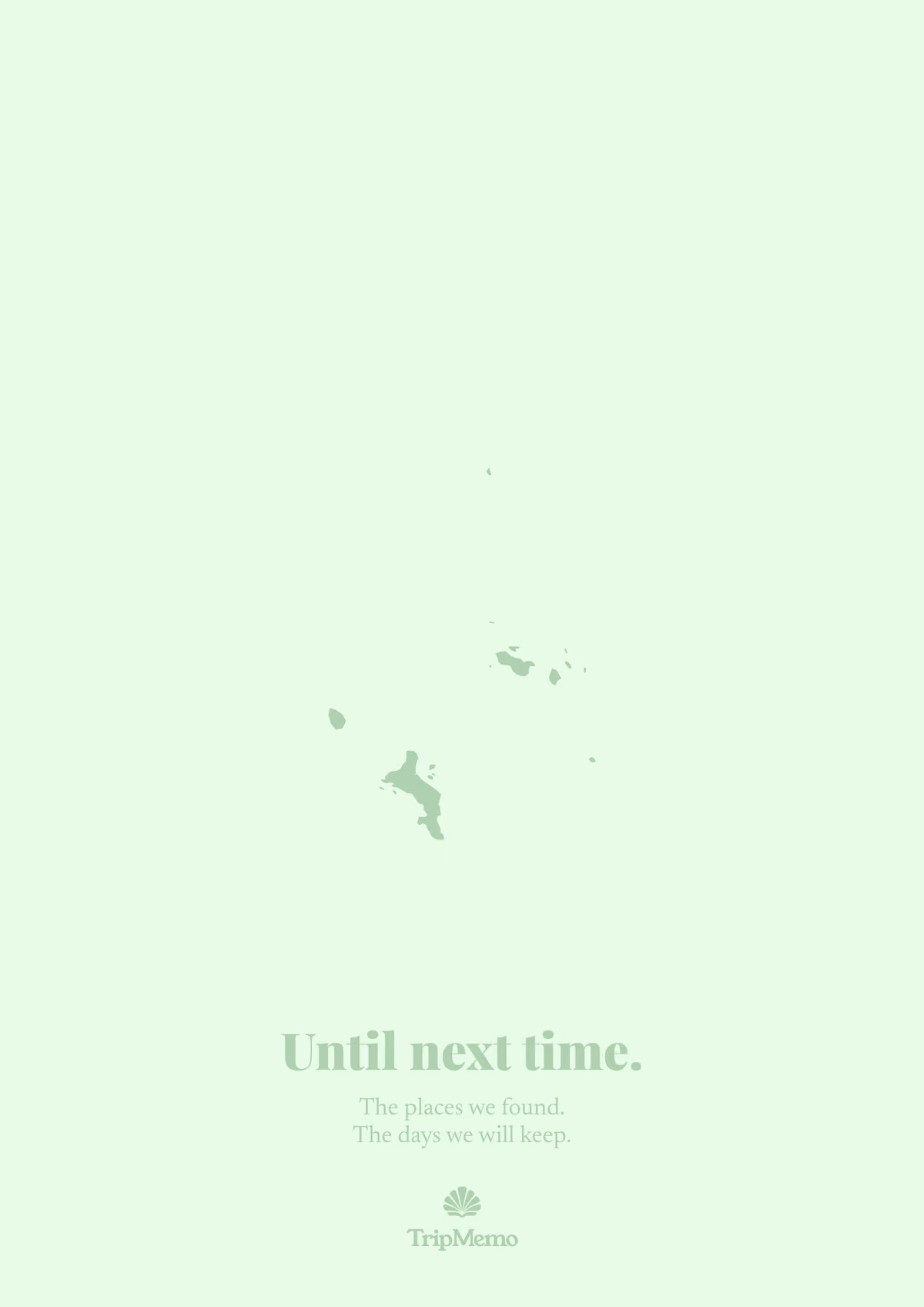 Back of the Seychelles photo book: an outline of the Seychelles above the words "Until next time." and the TripMemo mark