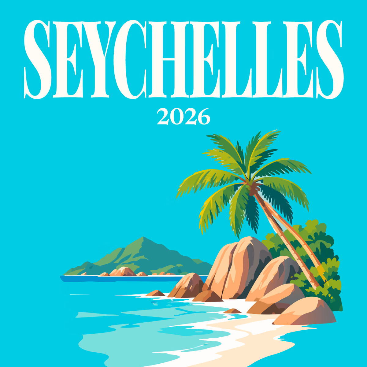 Seychelles illustrated square photo book cover with the La Digue beach artwork